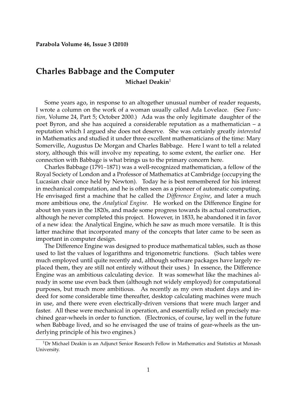 Charles Babbage and the Computer Michael Deakin1