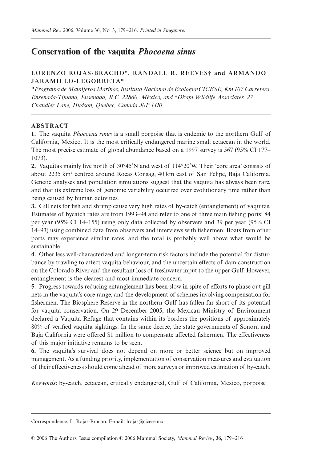 Conservation of the Vaquita Phocoena Sinus