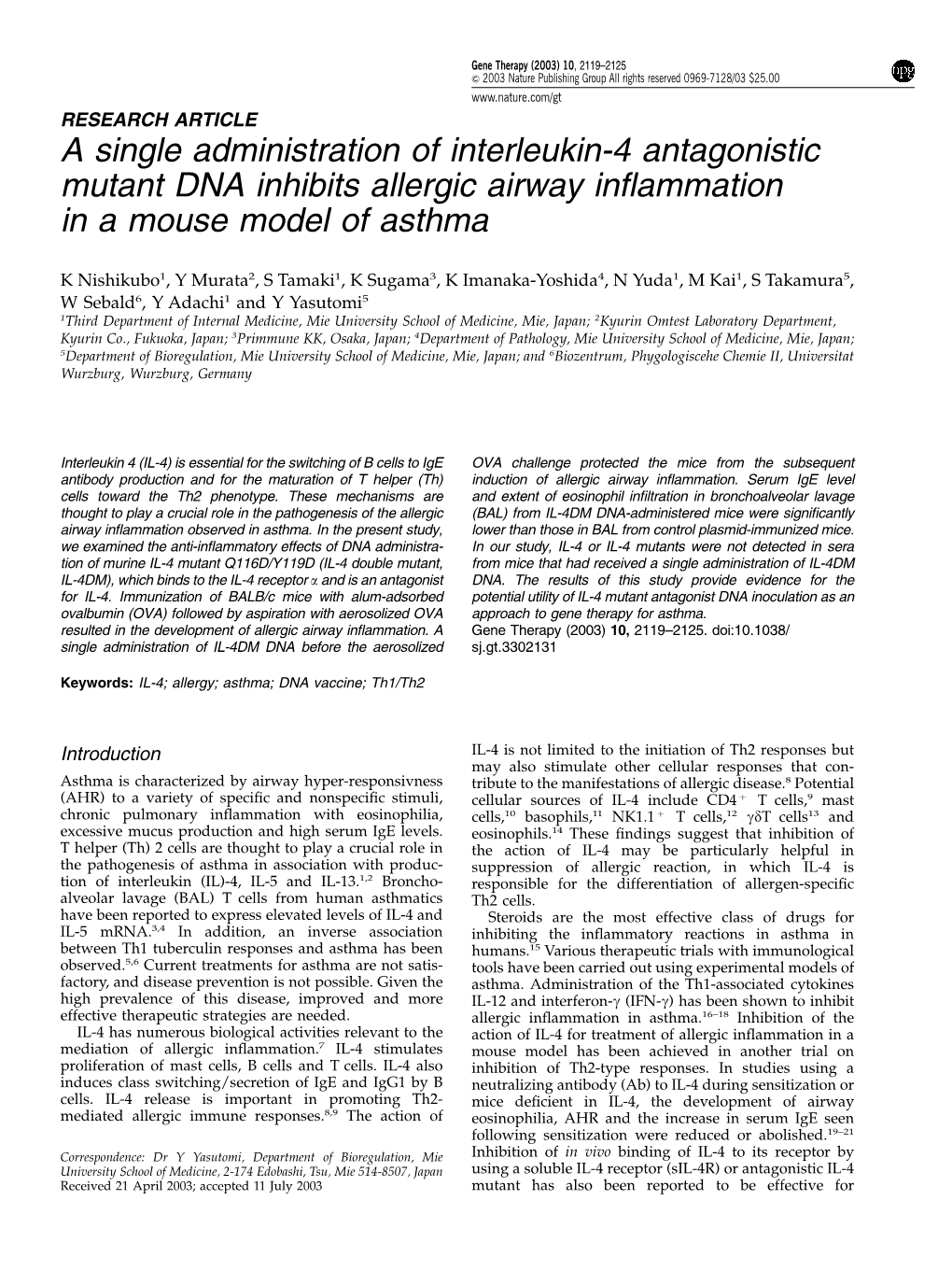 A Single Administration of Interleukin-4 Antagonistic Mutant DNA Inhibits Allergic Airway Inﬂammation in a Mouse Model of Asthma