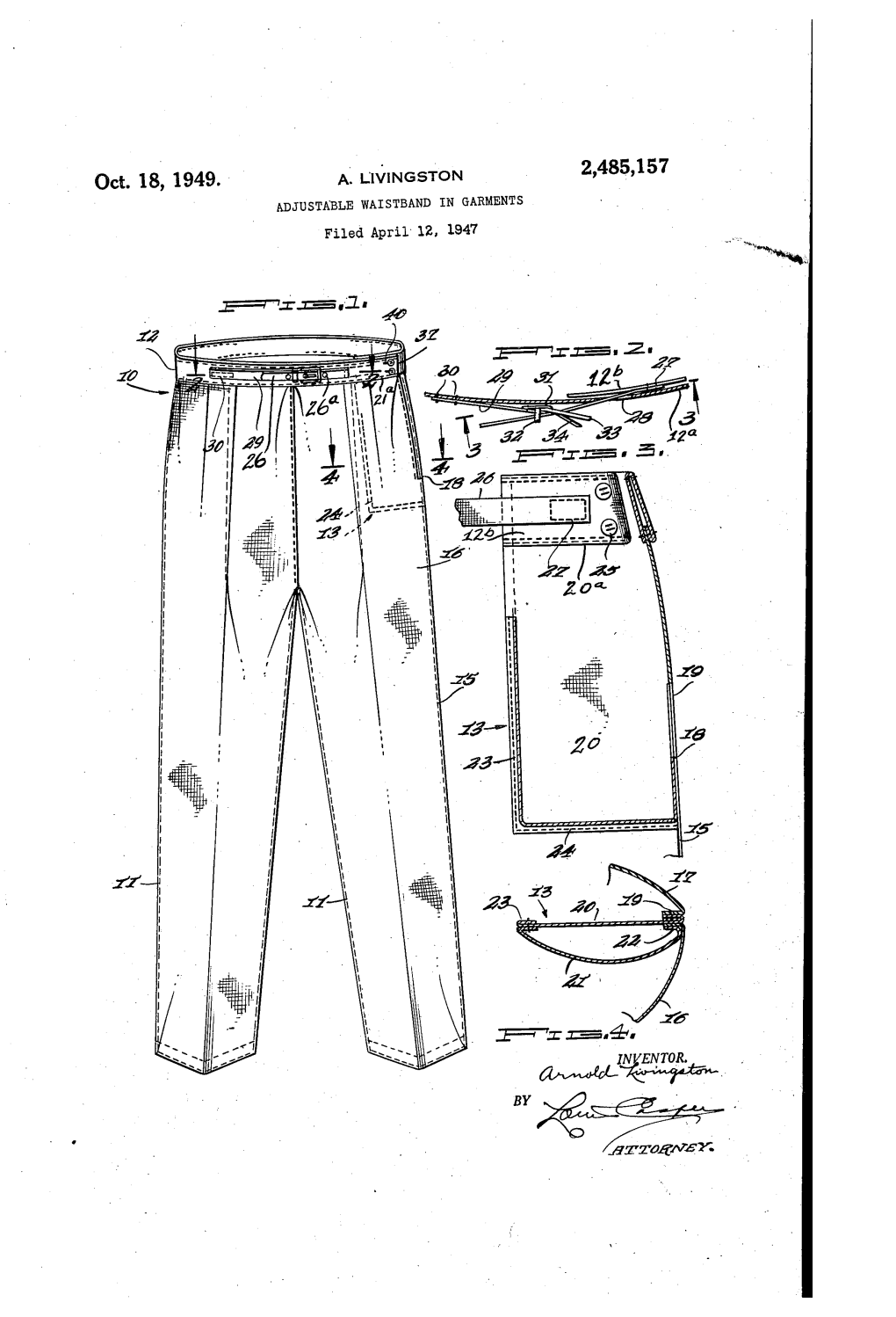 Oct. 18, 1949. a LIVINGSTON 2,485,157 ADJUSTABLE WAISTBAND in GARMENTS Filed April 12, L947