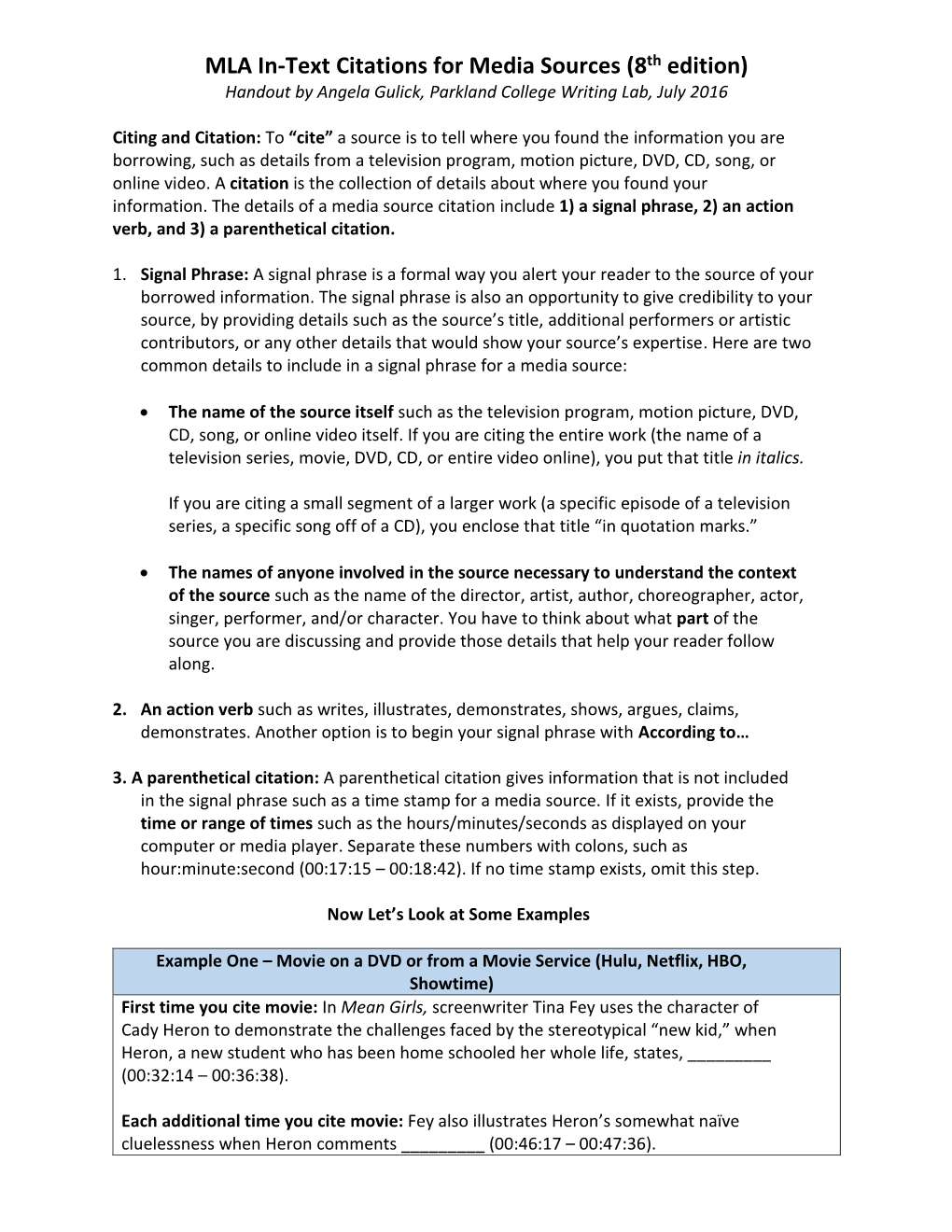 MLA In-Text Citations for Media Sources (8Th Edition) Handout by Angela Gulick, Parkland College Writing Lab, July 2016