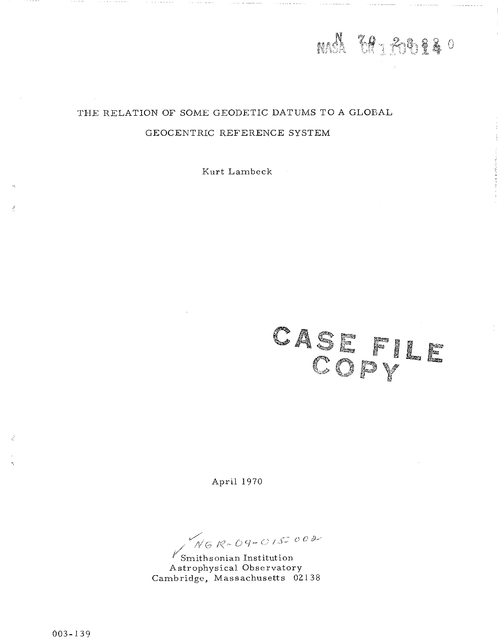 The Relation of Some Geodetic Datums to a Global