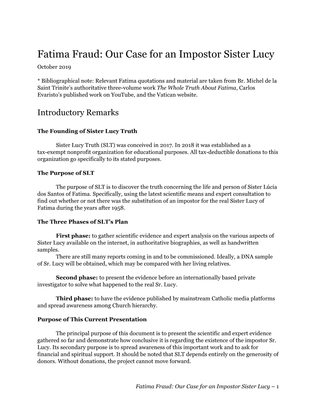 Fatima Fraud: Our Case for an Impostor Sister Lucy October 2019
