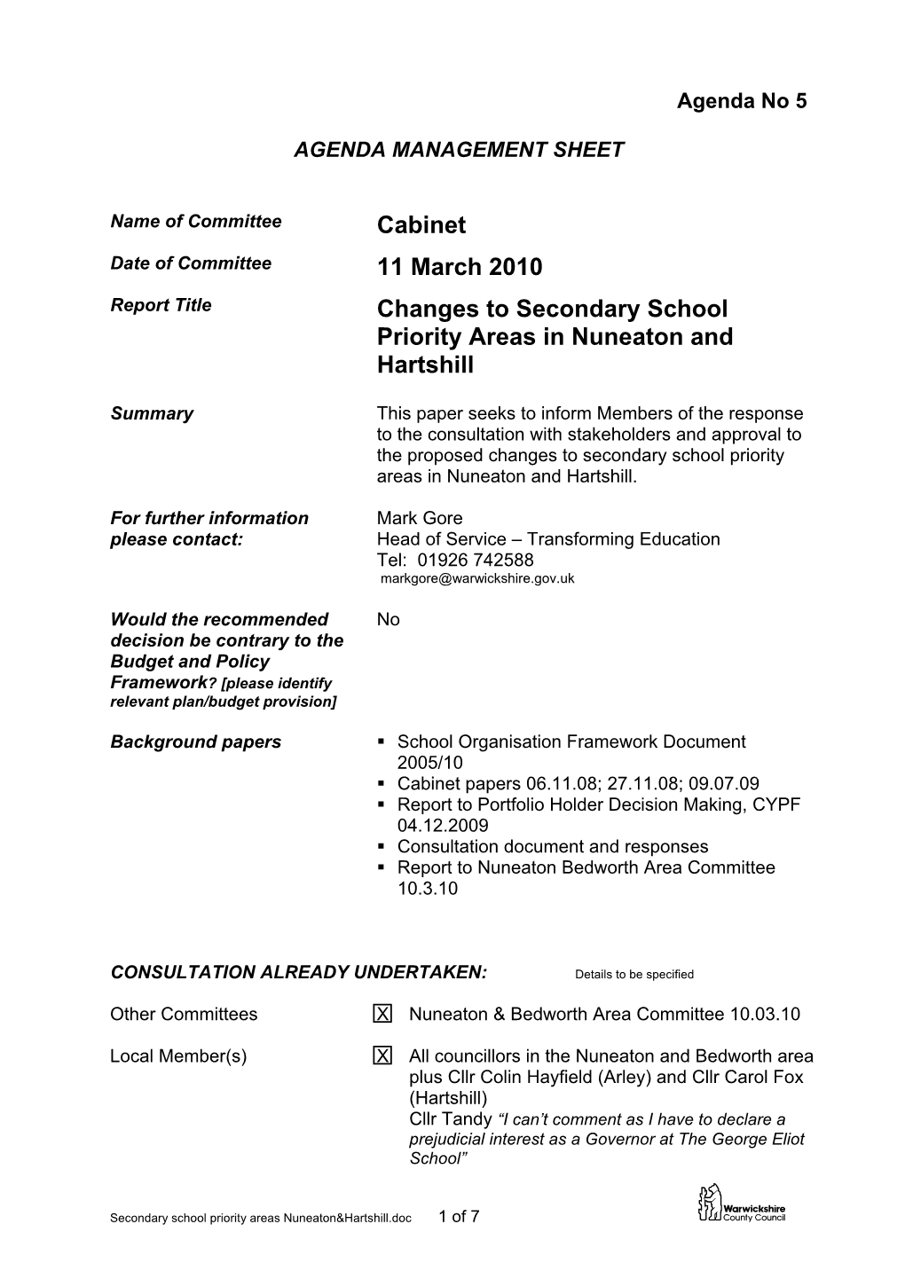 Cabinet 11 March 2010 Changes to Secondary School Priority Areas in Nuneaton and Hartshill