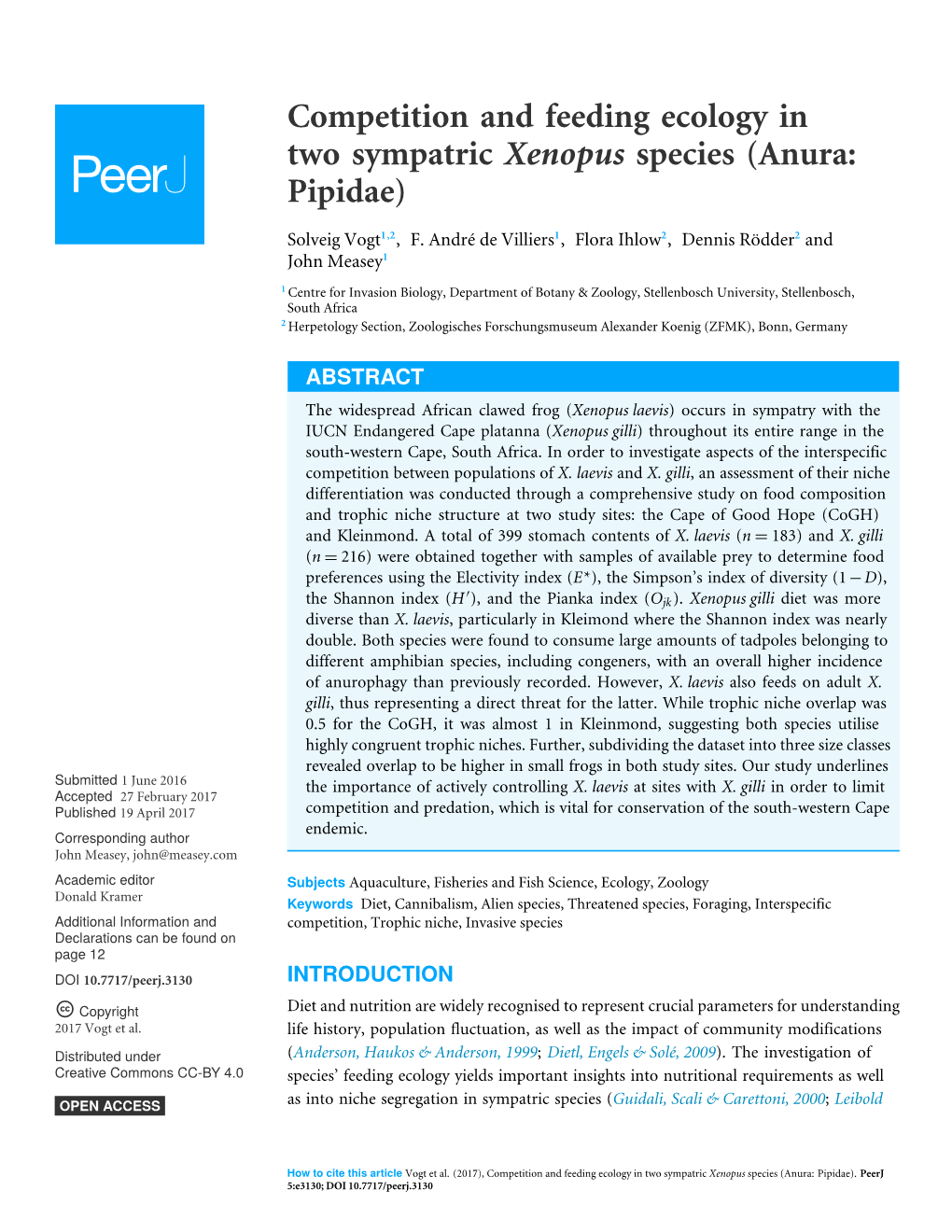 Competition and Feeding Ecology in Two Sympatric Xenopus Species (Anura: Pipidae)