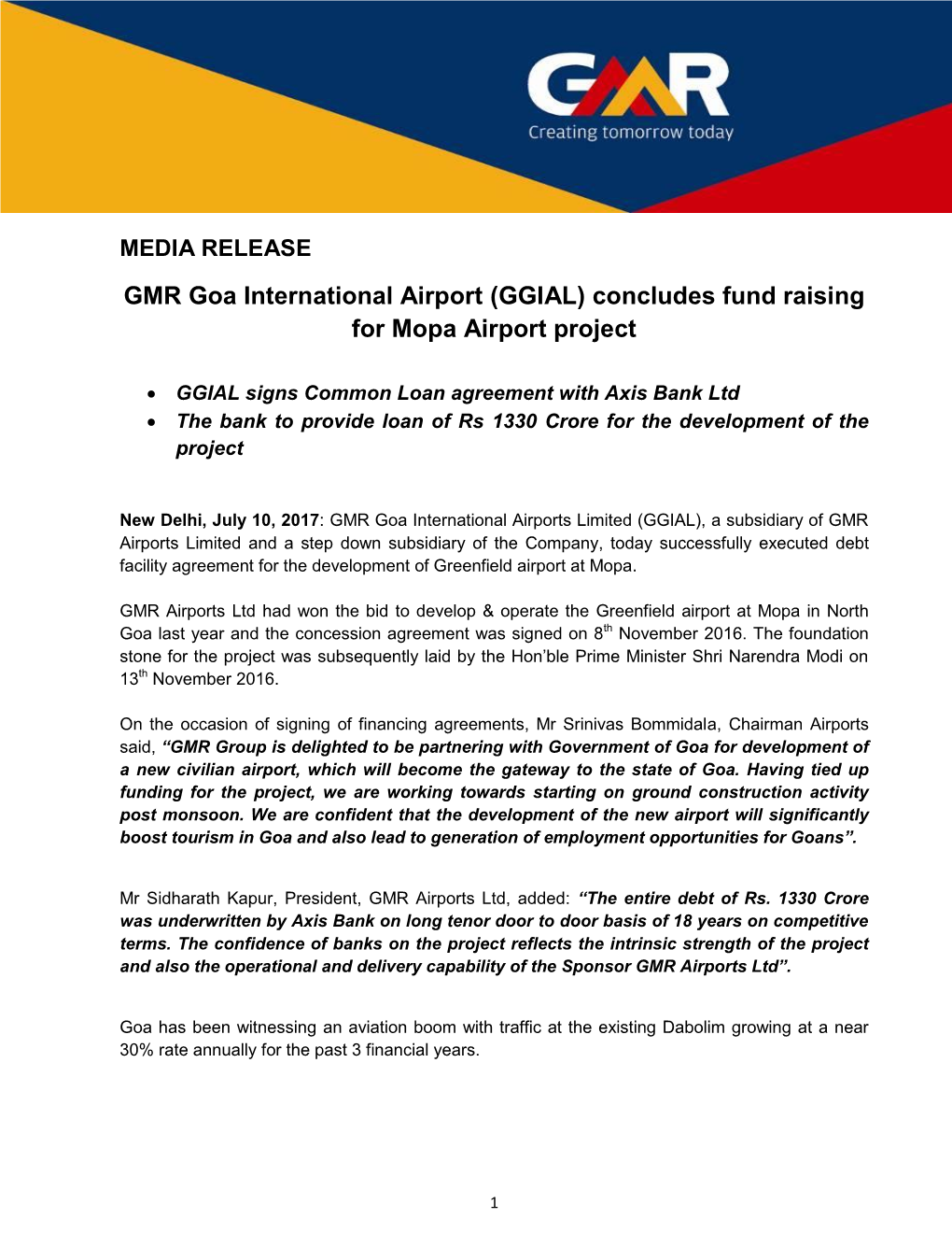 GMR Goa International Airport (GGIAL) Concludes Fund Raising for Mopa Airport Project