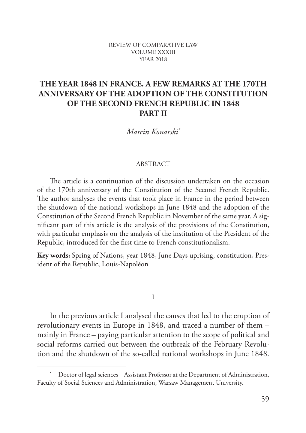 The Year 1848 in France. a Few Remarks at the 170Th Anniversary of the Adoption of the Constitution of the Second French Republic in 1848 Part Ii