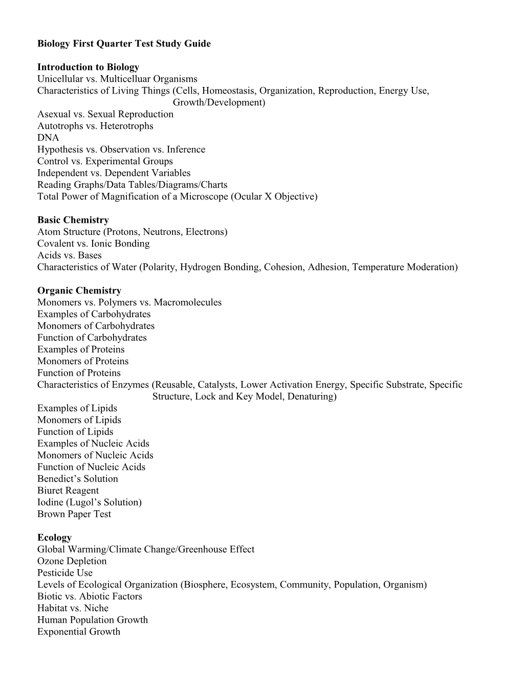 Biology First Quarter Test Study Guide