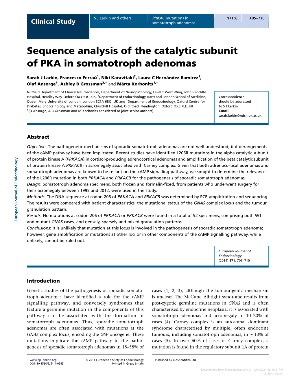 Sequence Analysis of the Catalytic Subunit of PKA in Somatotroph Adenomas