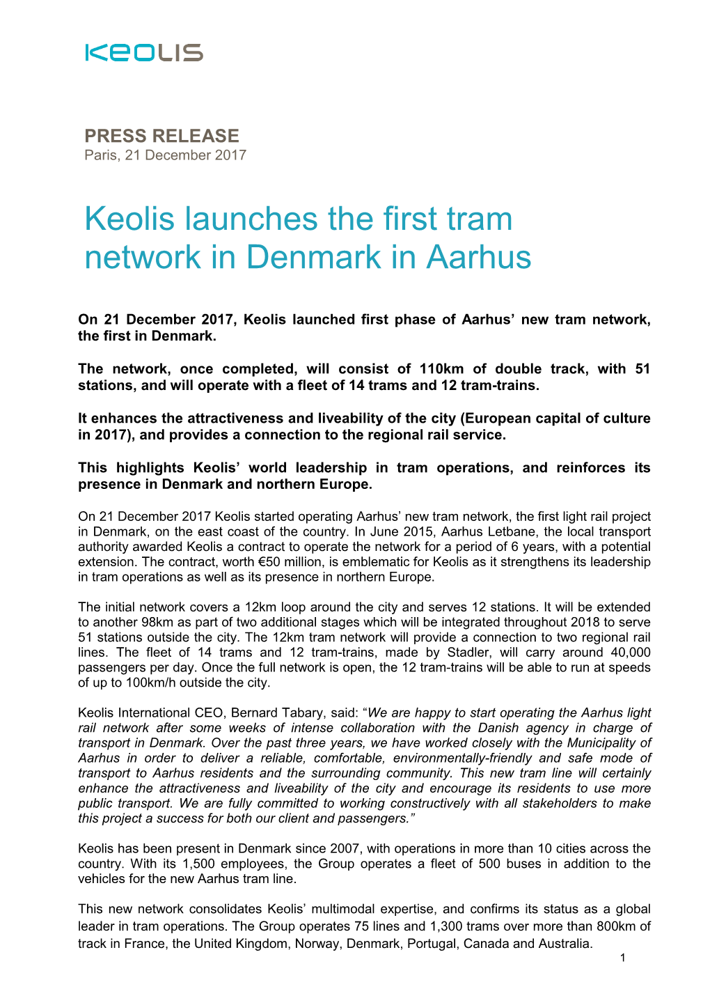 Keolis Launches the First Tram Network in Denmark in Aarhus