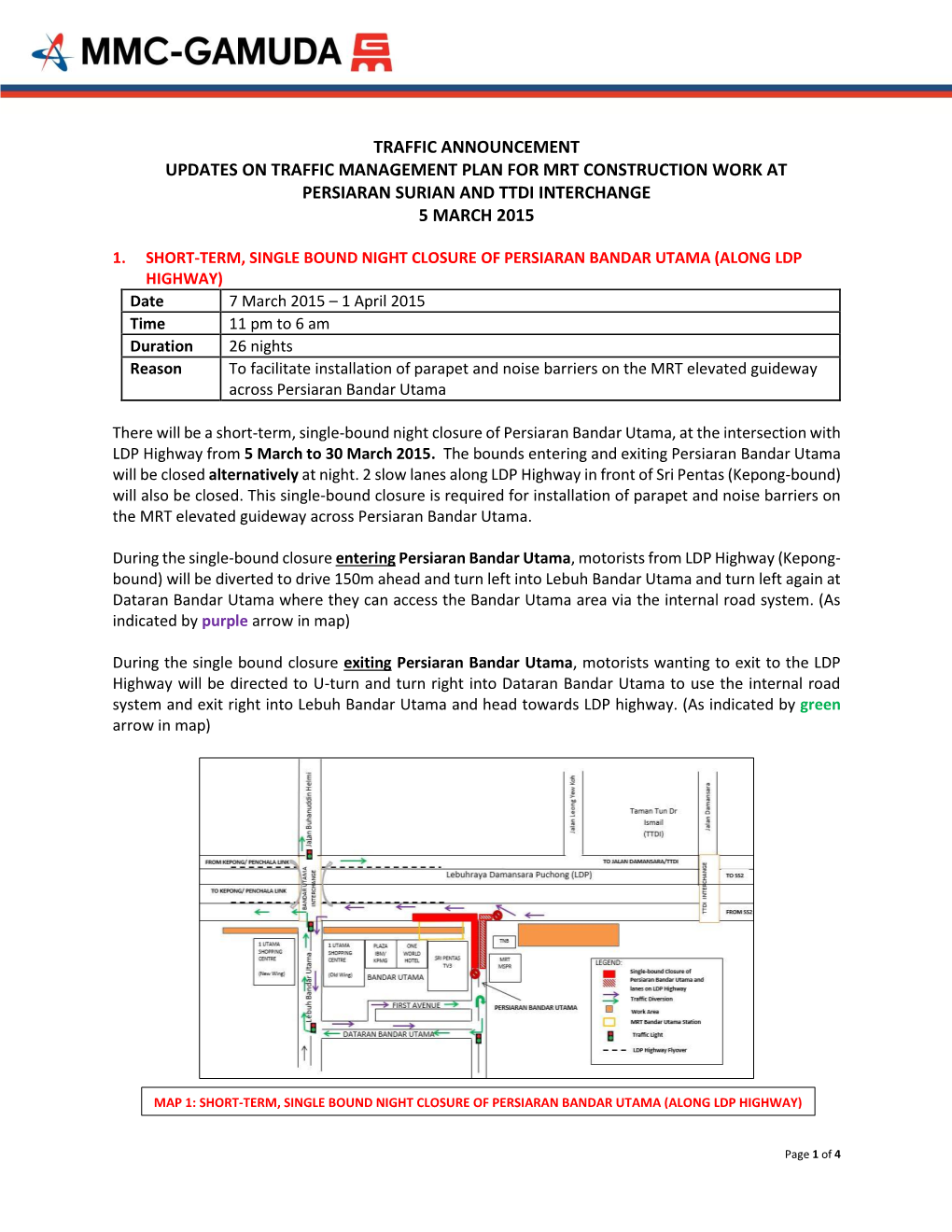 Traffic Announcement Updates on Traffic Management Plan for Mrt Construction Work at Persiaran Surian and Ttdi Interchange 5 March 2015
