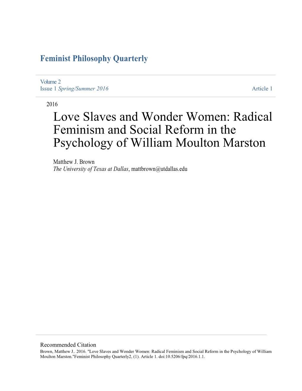 Radical Feminism and Social Reform in the Psychology of William Moulton Marston