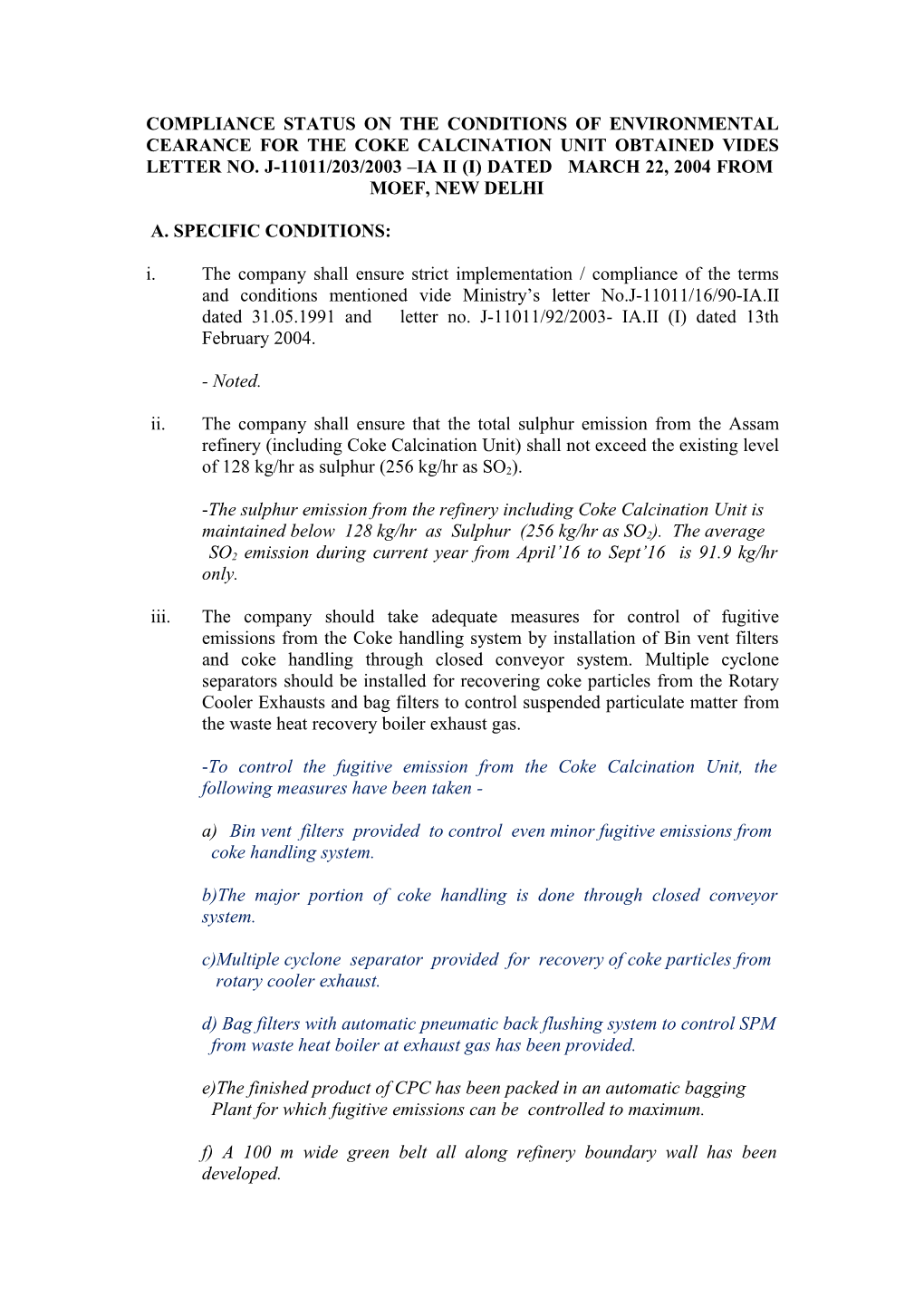 Compliance Status on the Conditions of Environmental Clearance for the Coke Calcination