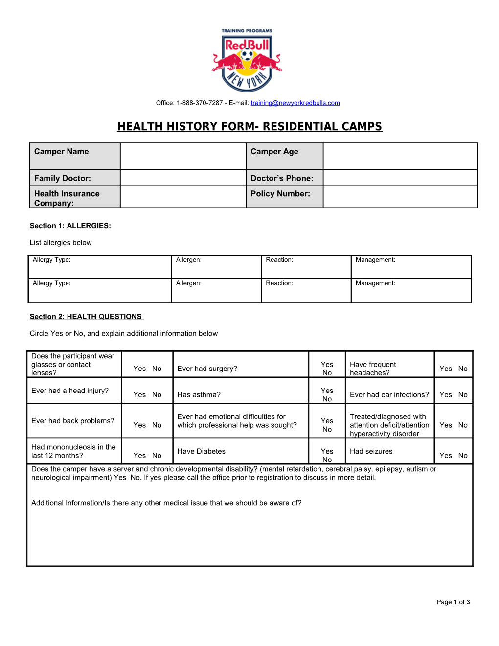 Health History Form- Residential Camps