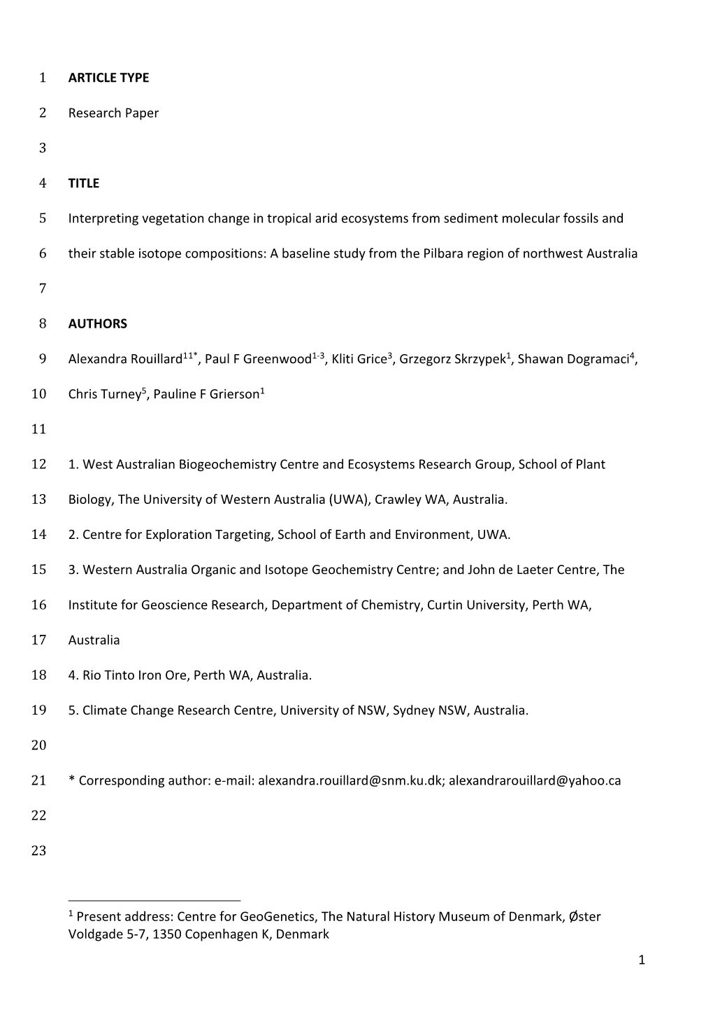 1 ARTICLE TYPE 1 Research Paper 2 3 TITLE 4 Interpreting Vegetation Change in Tropical Arid Ecosystems from Sediment Molecular F