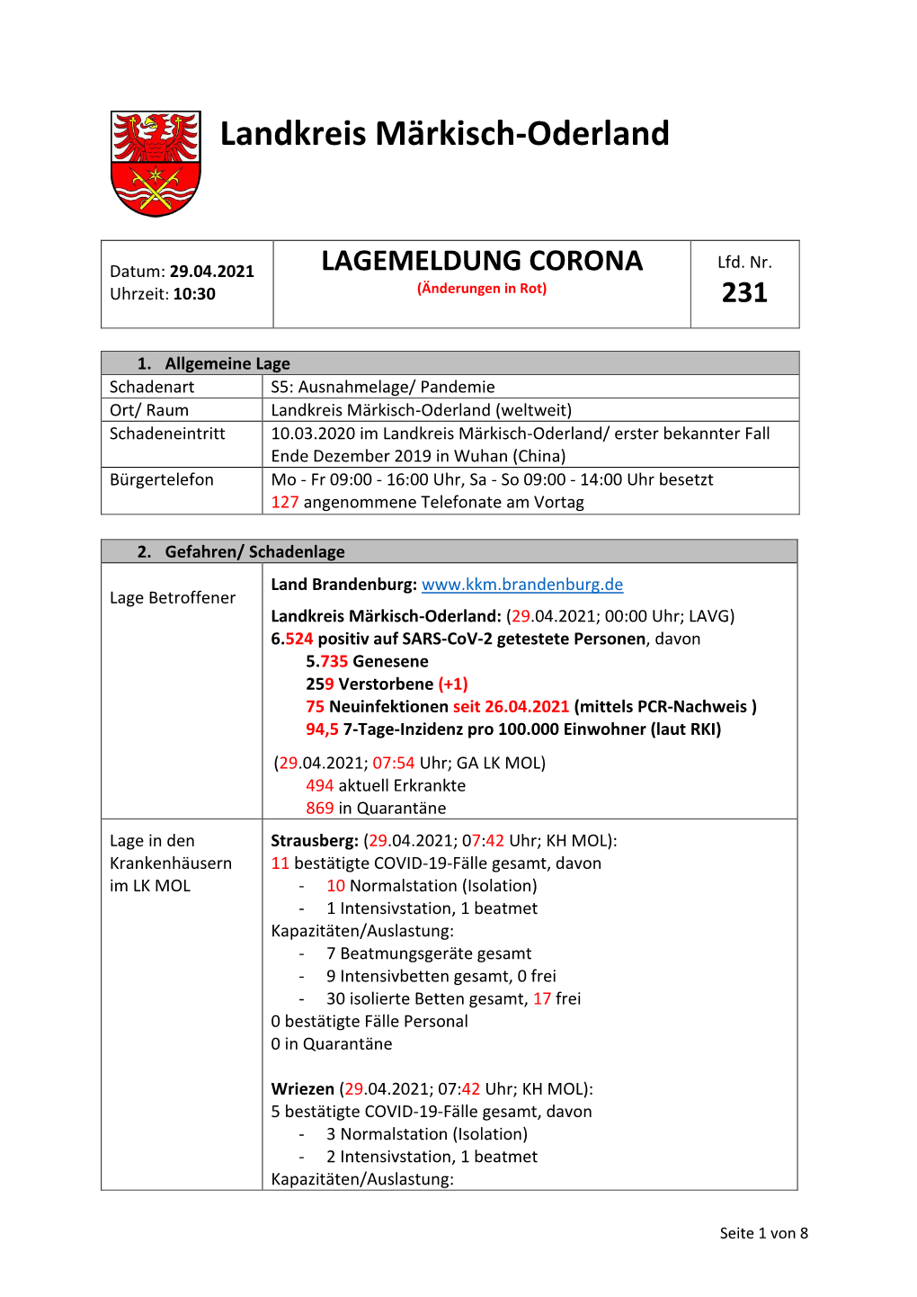 LAGEMELDUNG CORONA Lfd