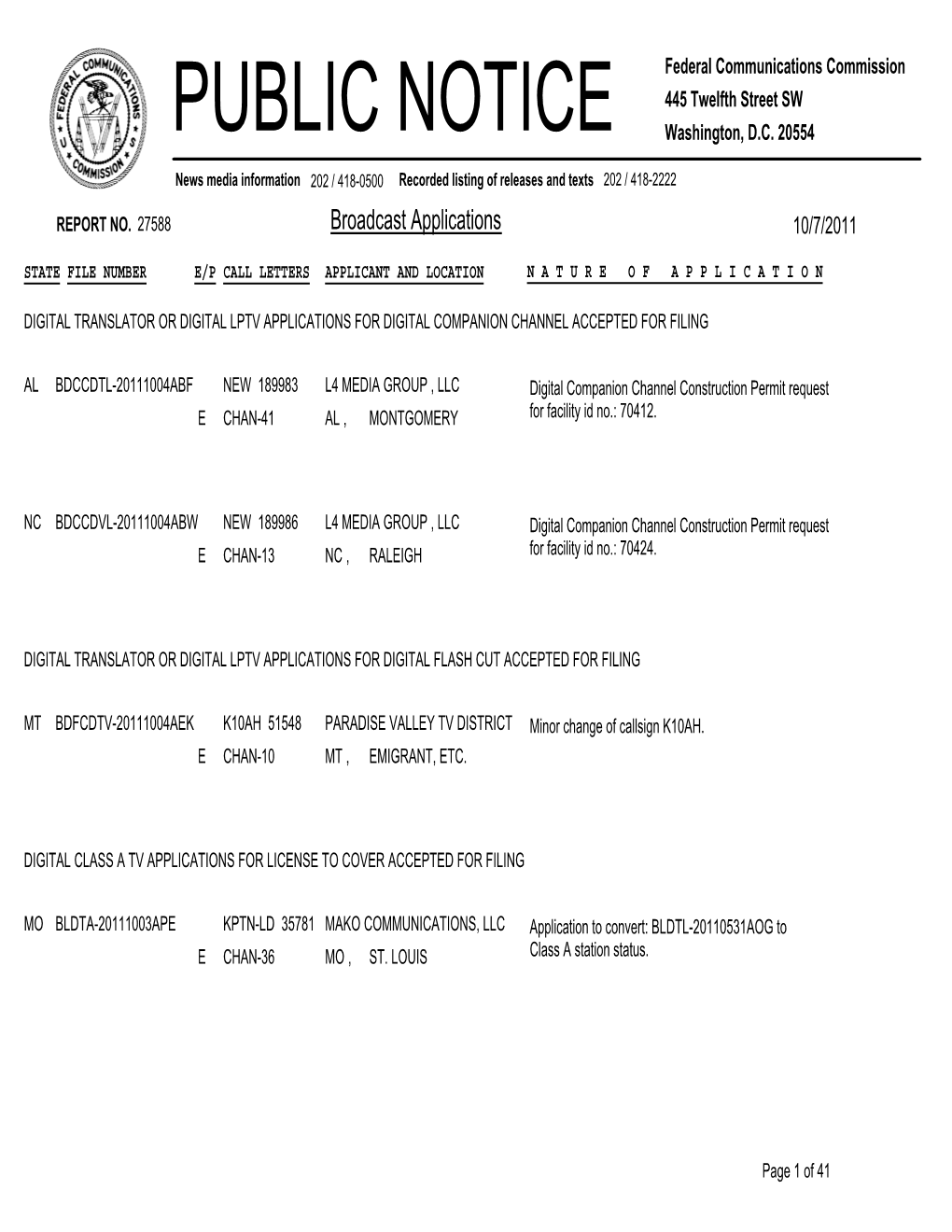 Broadcast Applications 10/7/2011