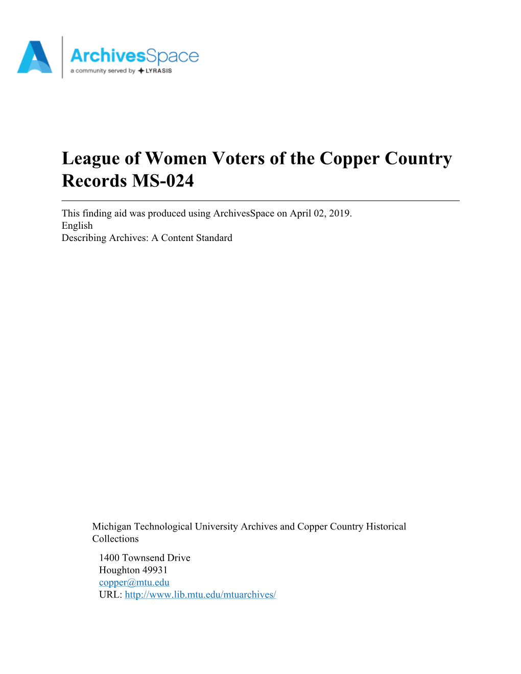 League of Women's Voters of the Copper Country Records