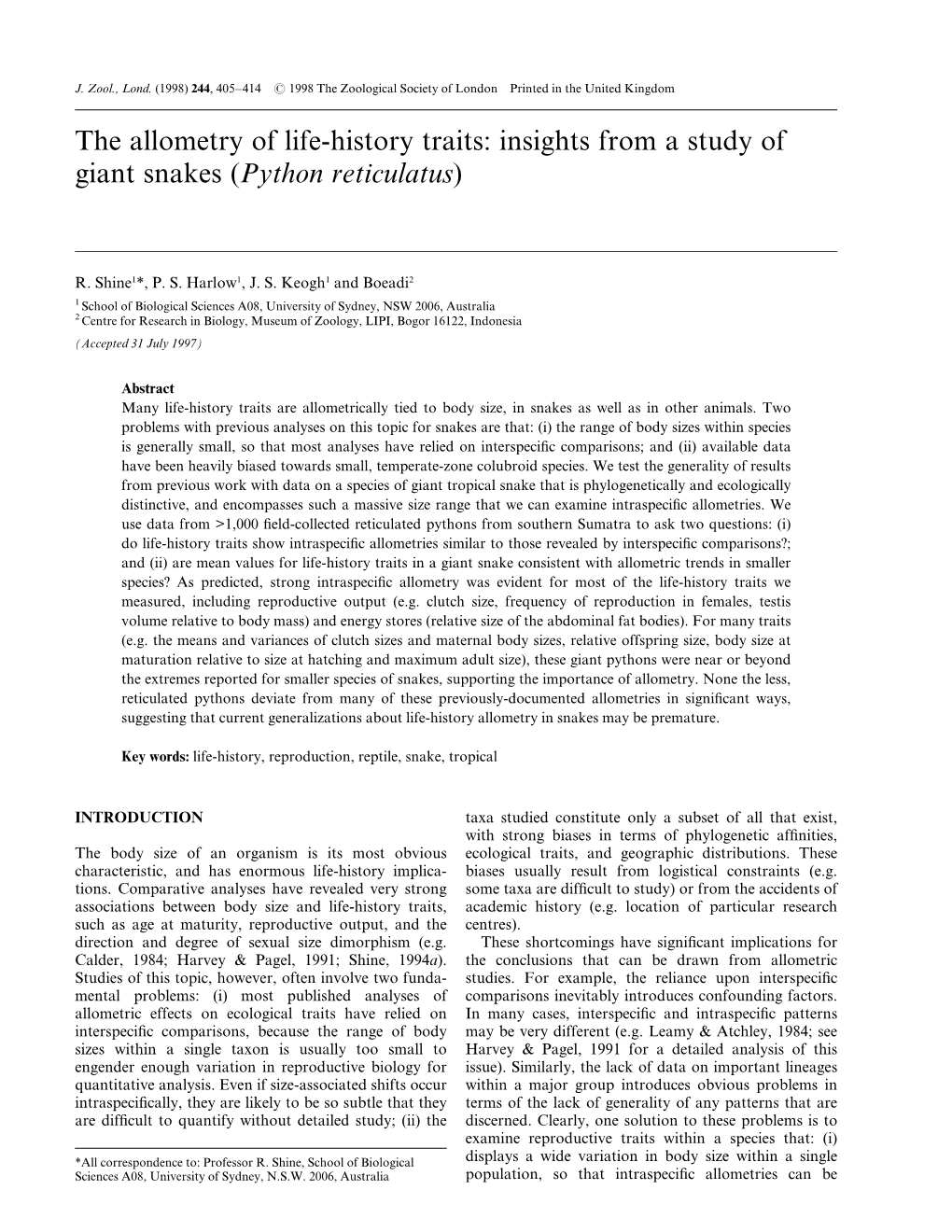 The Allometry of Life-History Traits: Insights from a Study of Giant Snakes (Python Reticulatus)