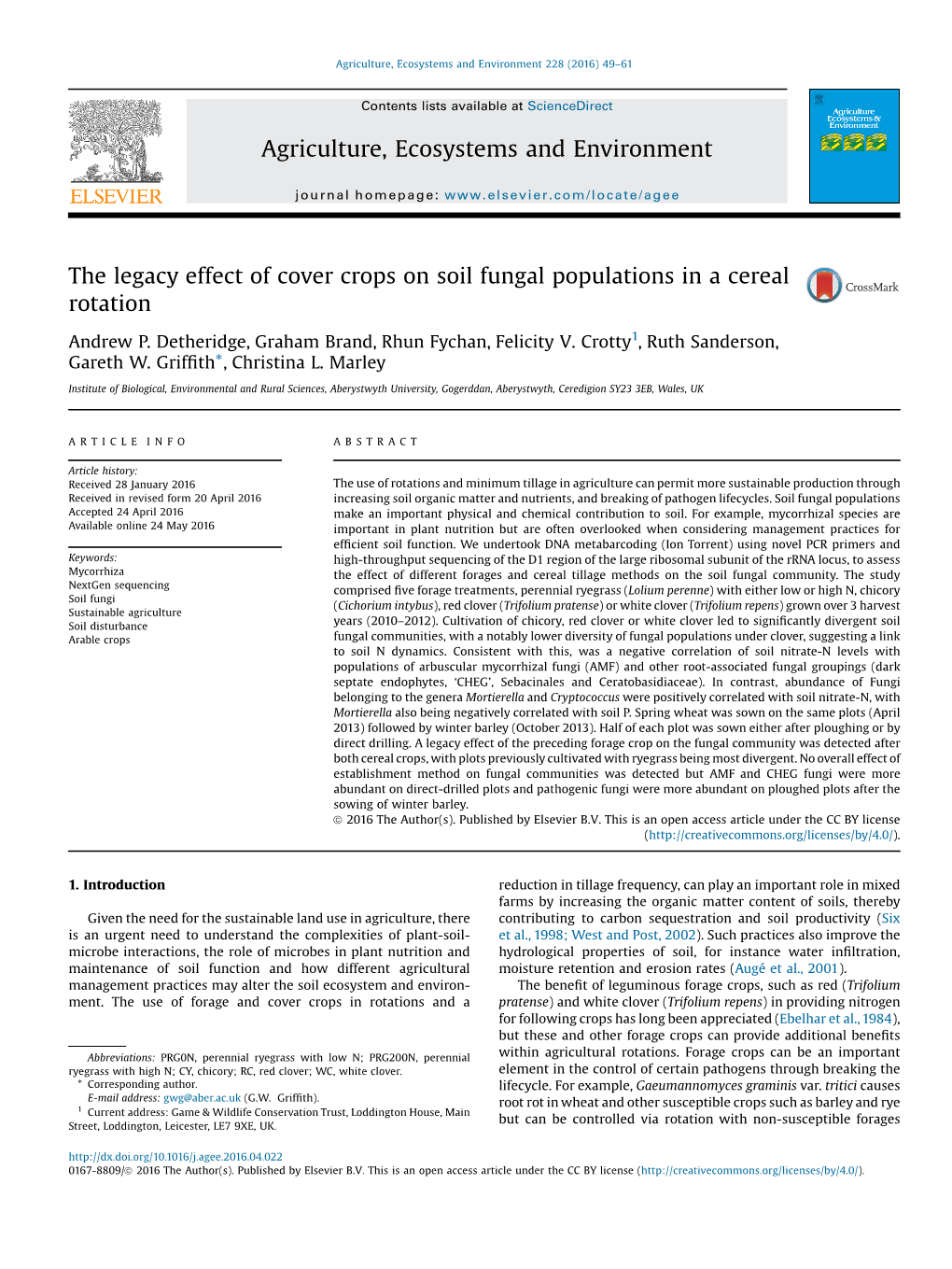 The Legacy Effect of Cover Crops on Soil Fungal Populations in a Cereal Rotation