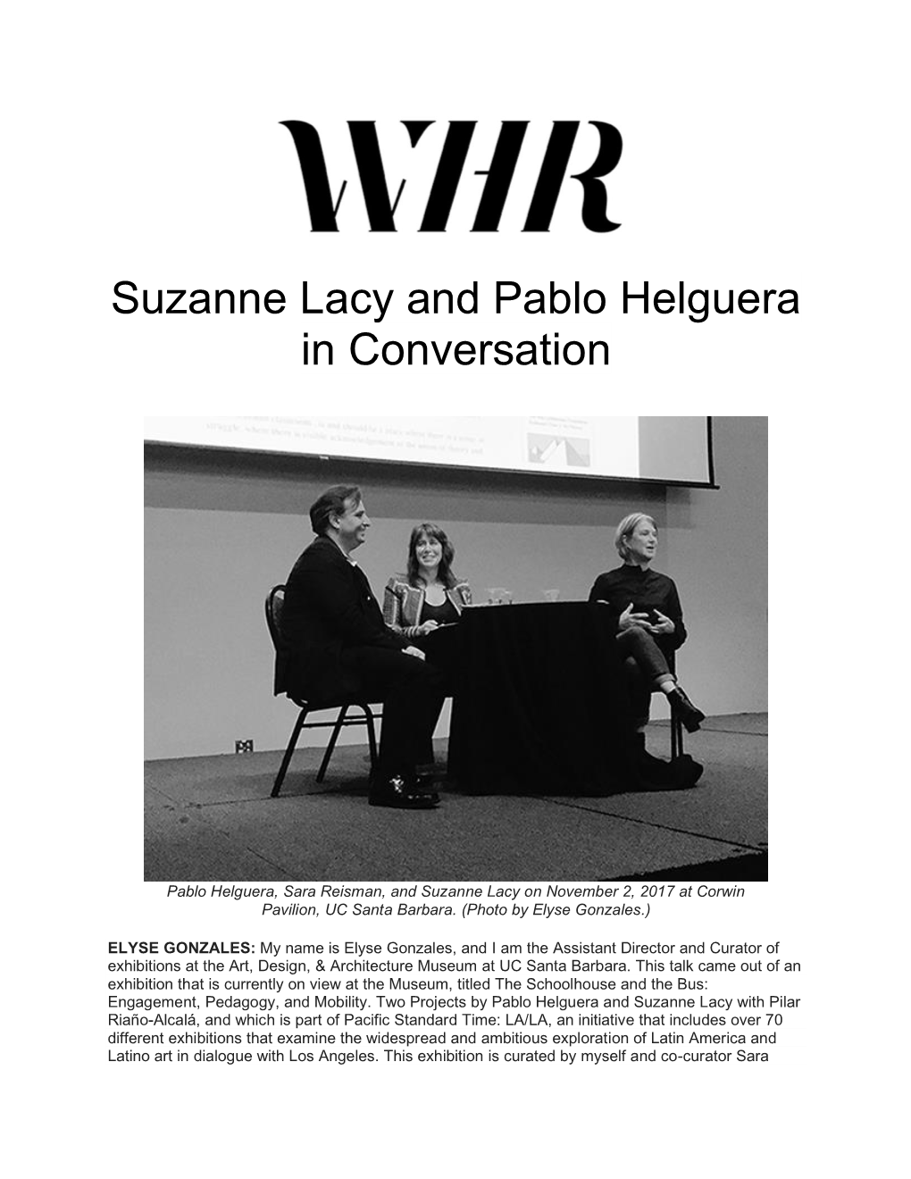 Suzanne Lacy and Pablo Helguera in Conversation