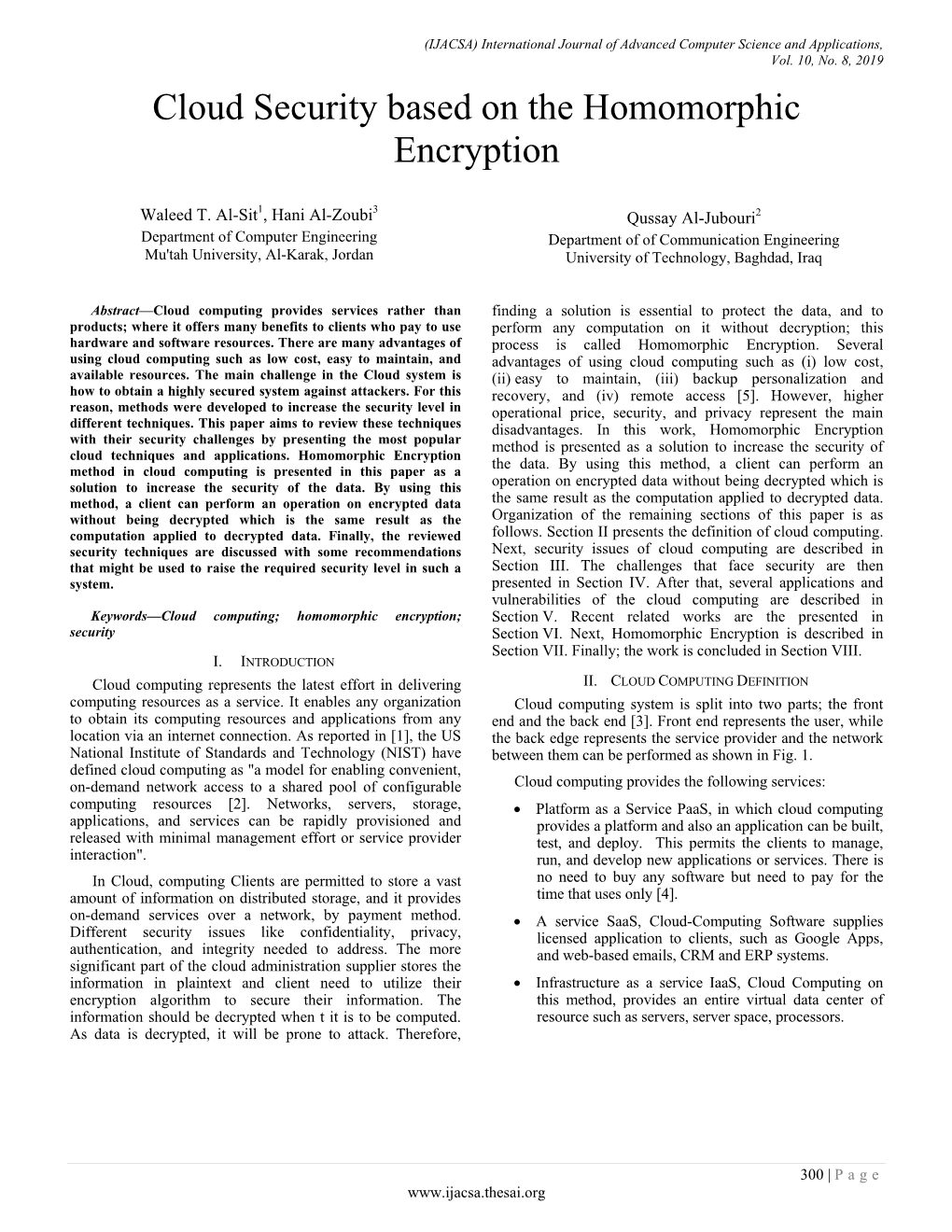 Cloud Security Based on the Homomorphic Encryption