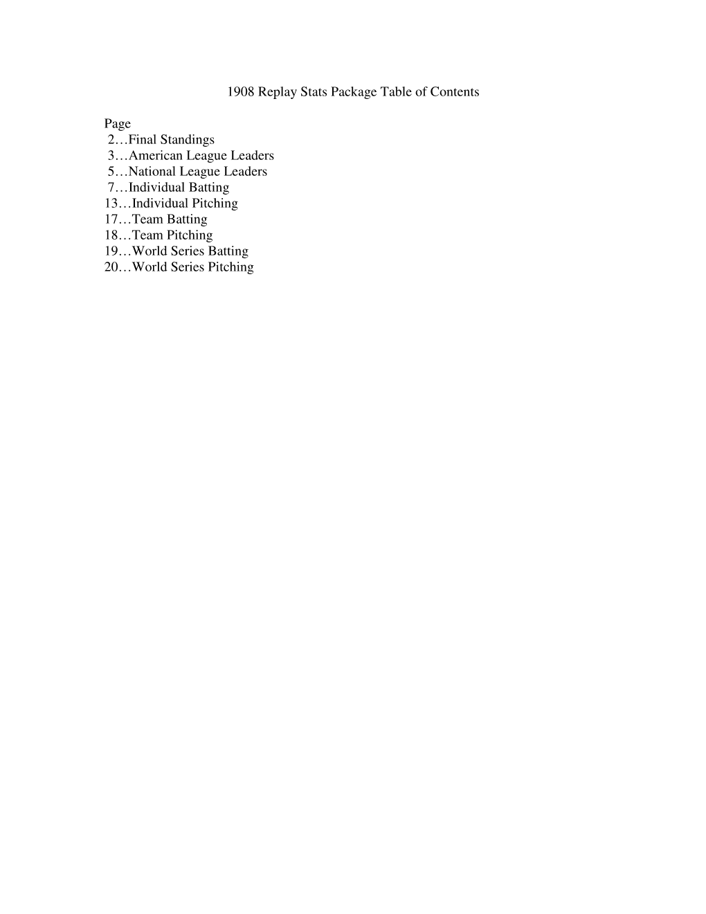 1908 Replay Stats Package Table of Contents Page 2…Final Standings