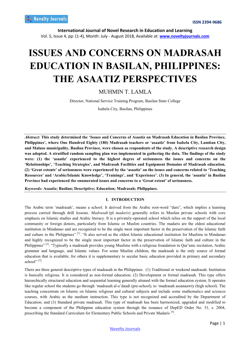 Issues and Concerns on Madrasah Education in Basilan, Philippines: the Asaatiz Perspectives Muhmin T