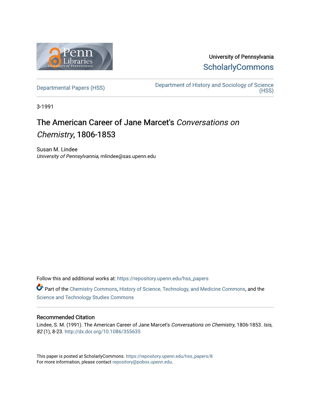 The American Career of Jane Marcet's Conversations on Chemistry, 1806-1853