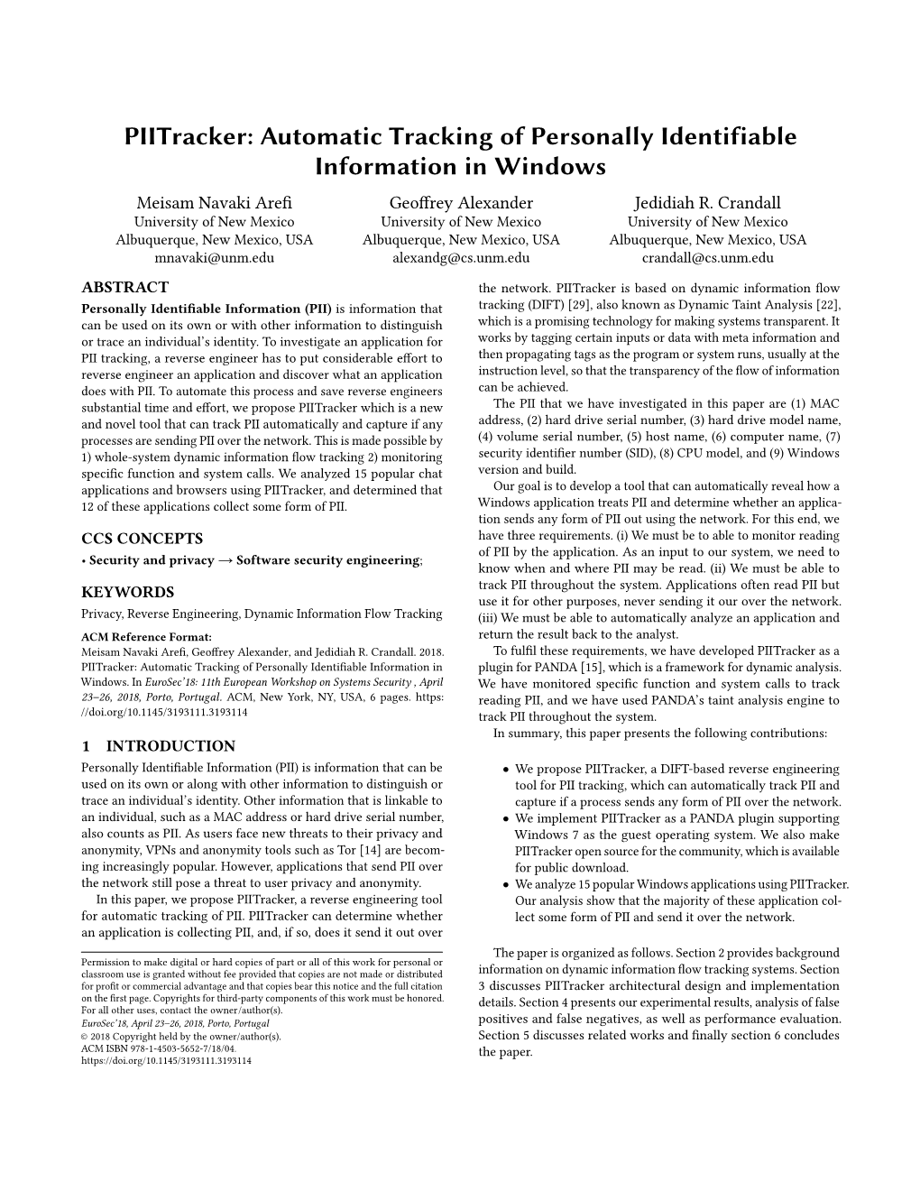 Automatic Tracking of Personally Identifiable Information in Windows Meisam Navaki Arefi Geoffrey Alexander Jedidiah R