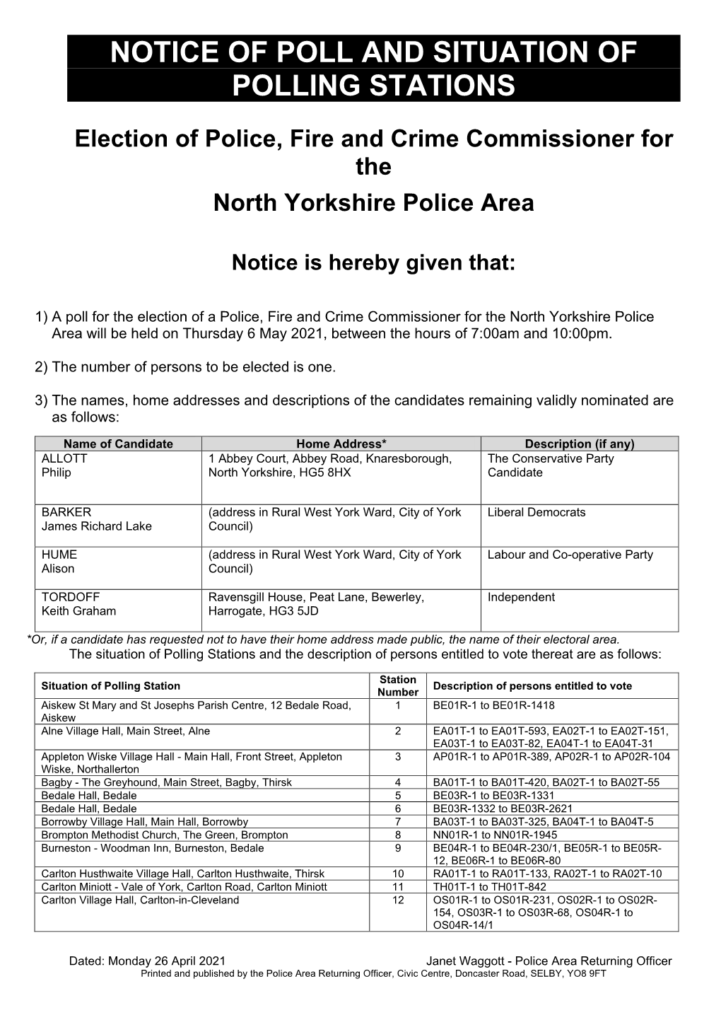 Notice of Poll and Situation of Polling Stations