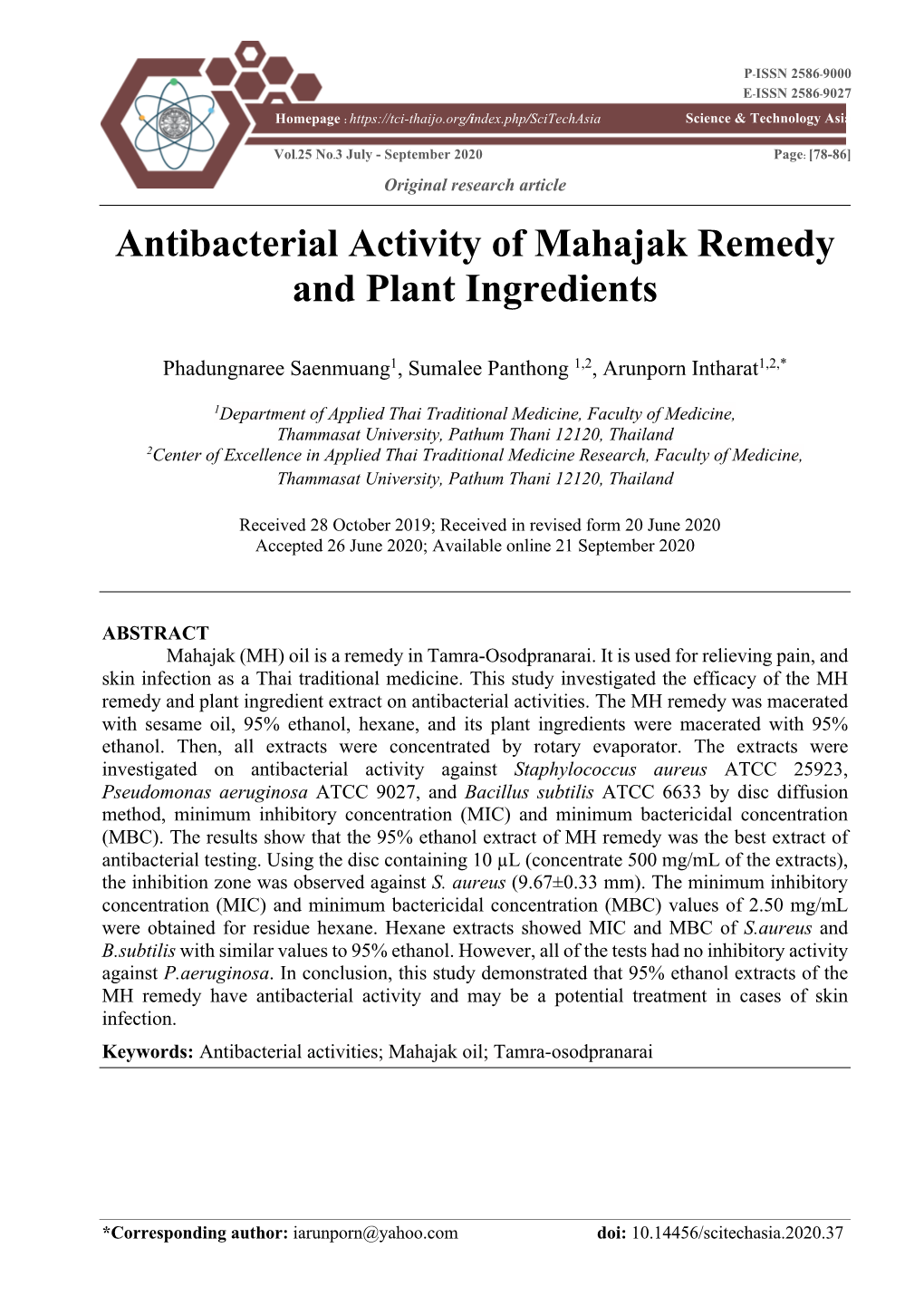 Antibacterial Activity of Mahajak Remedy and Plant Ingredients