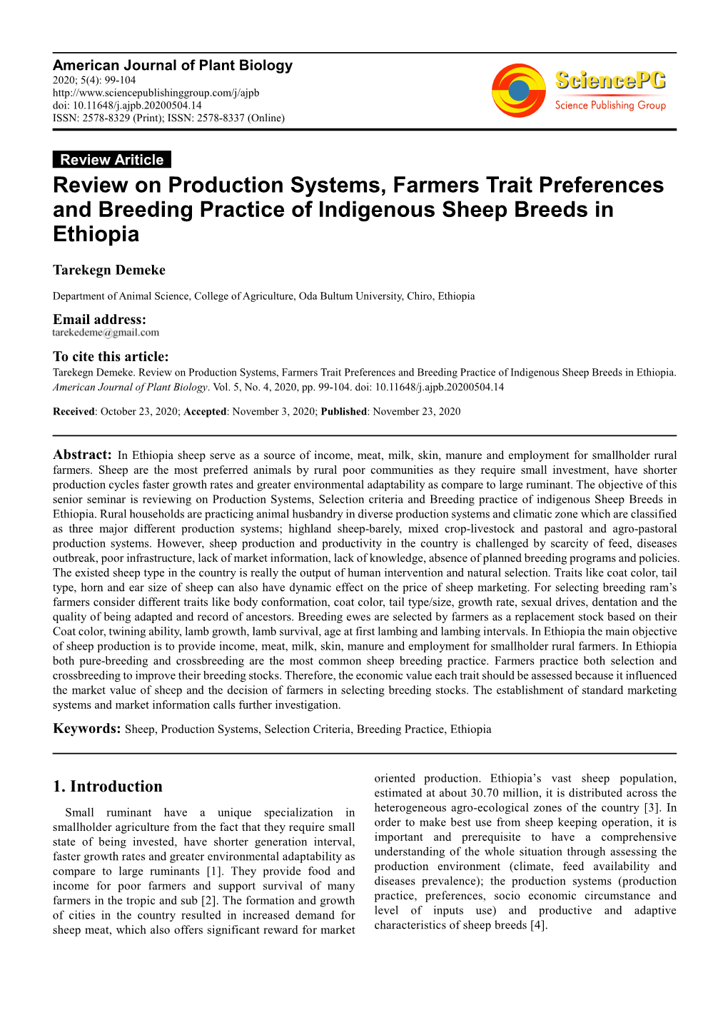 Review on Production Systems, Farmers Trait Preferences and Breeding Practice of Indigenous Sheep Breeds in Ethiopia