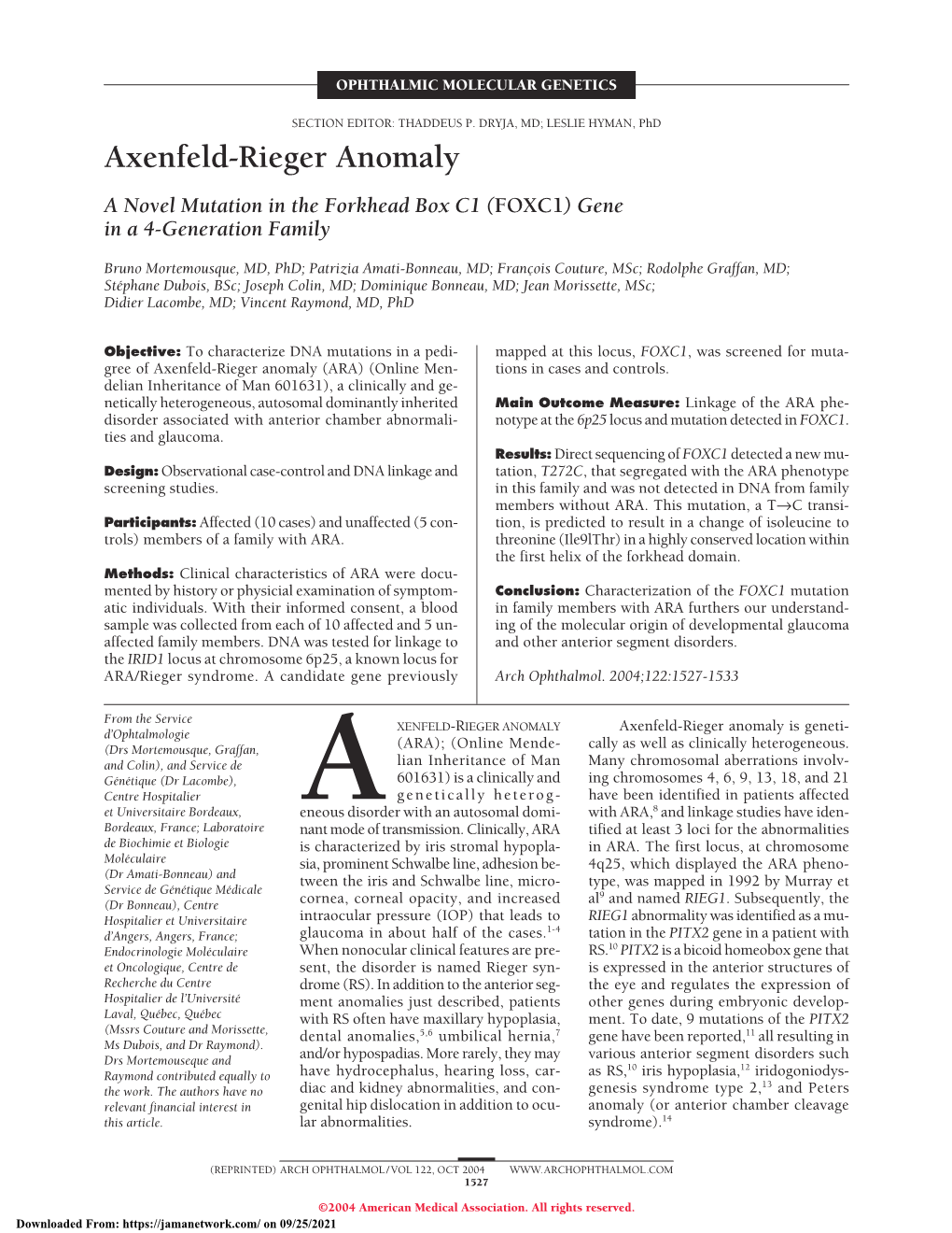 Axenfeld-Rieger Anomaly a Novel Mutation in the Forkhead Box C1 (FOXC1) Gene in a 4-Generation Family