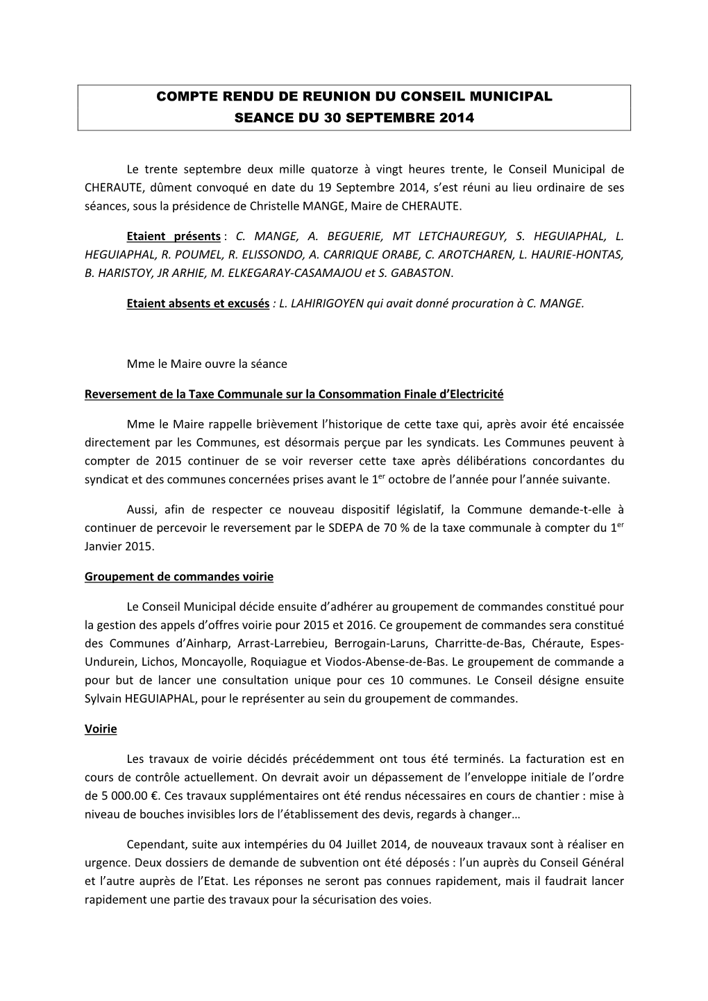 Compte Rendu De Reunion Du Conseil Municipal Seance Du 30 Septembre 2014