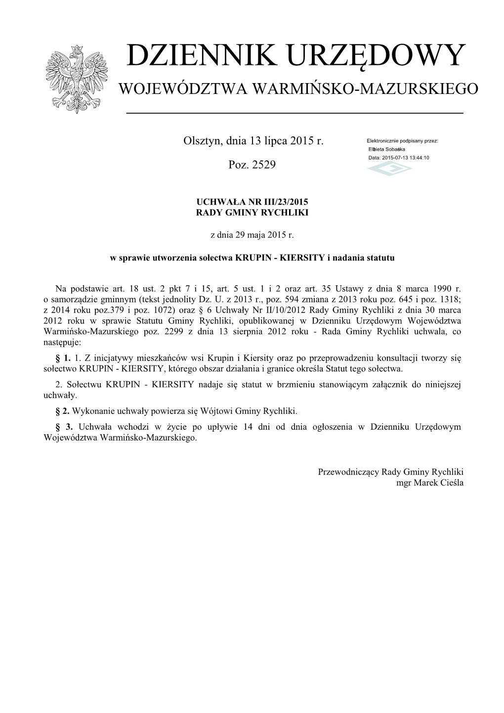 Uchwała Nr III/23/2015 Z Dnia 29 Maja 2015 R