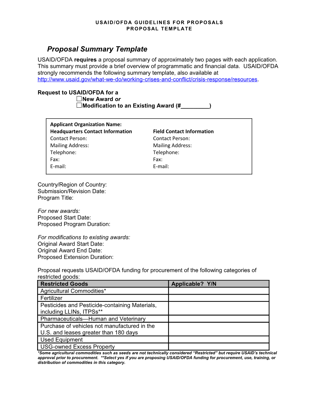 Usaid/Ofda Guidelines for Proposals