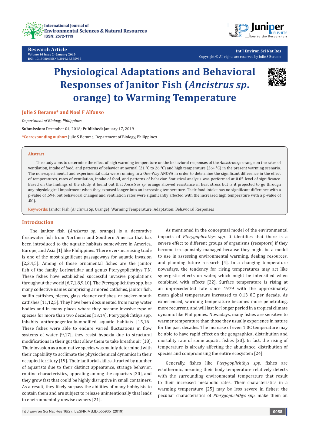 Physiological Adaptations and Behavioral Responses of Janitor Fish (Ancistrus Sp