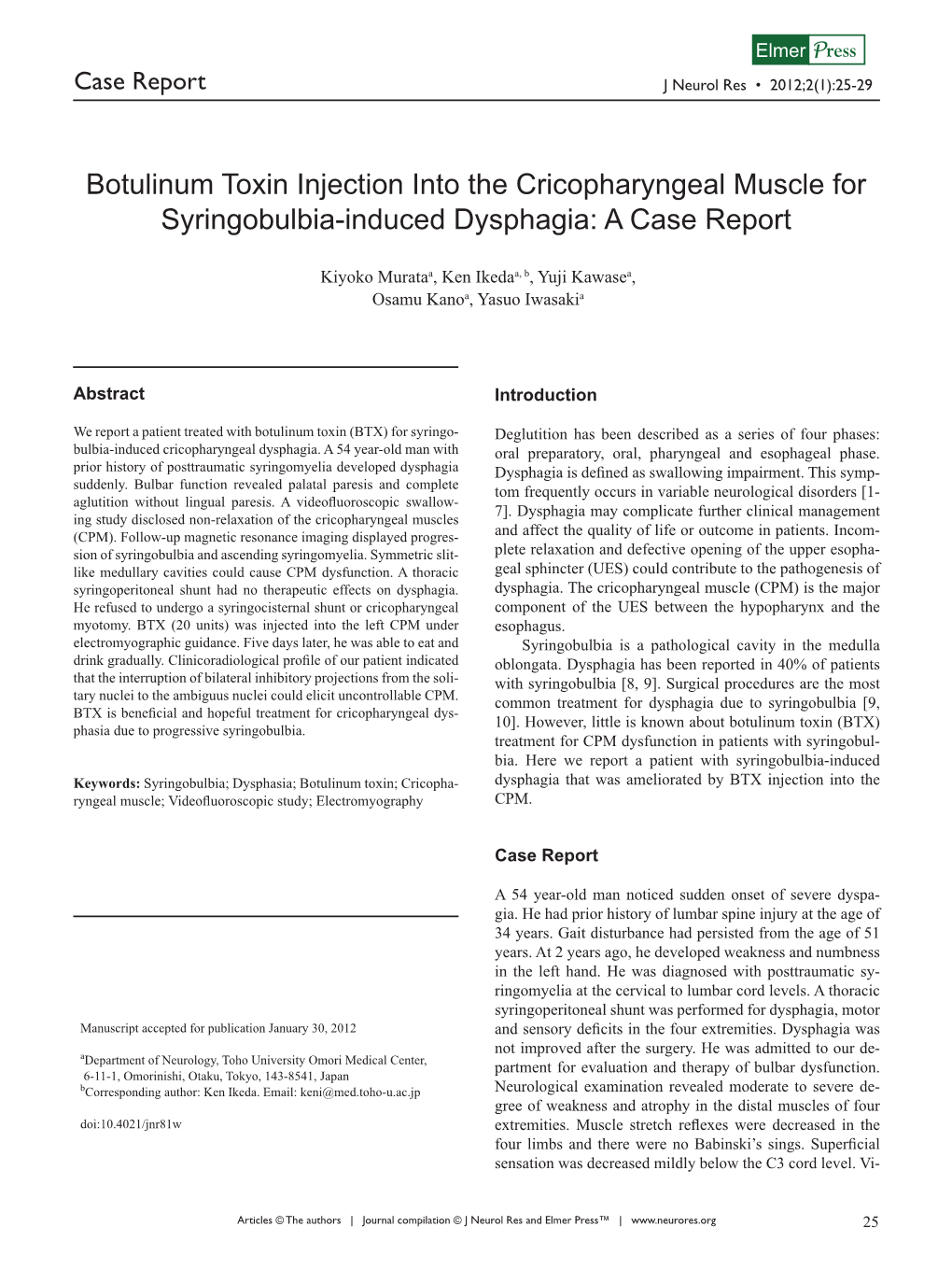 Botulinum Toxin Injection Into the Cricopharyngeal Muscle for Syringobulbia-Induced Dysphagia: a Case Report