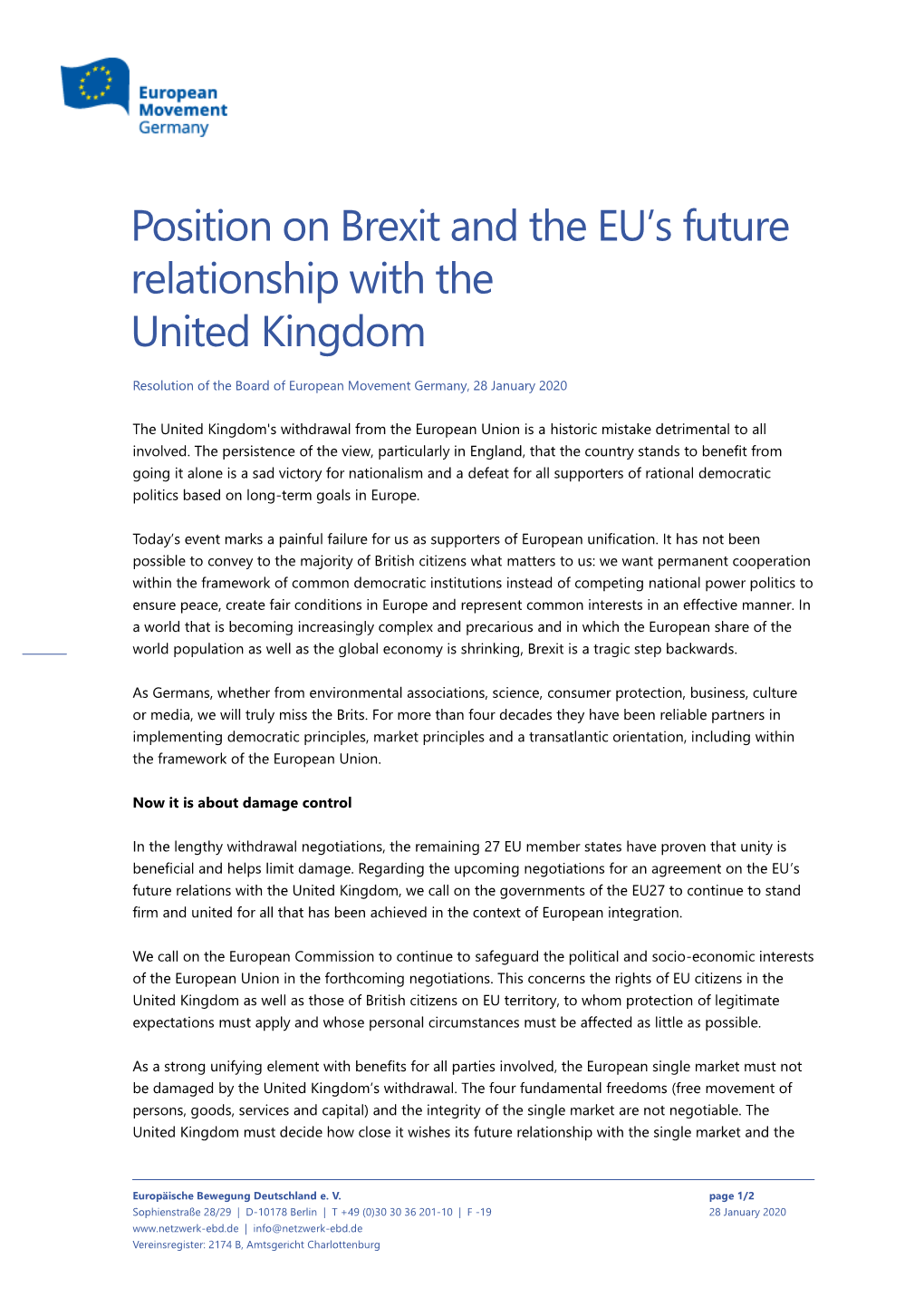 Position on Brexit and the EU's Future Relationship with the United Kingdom