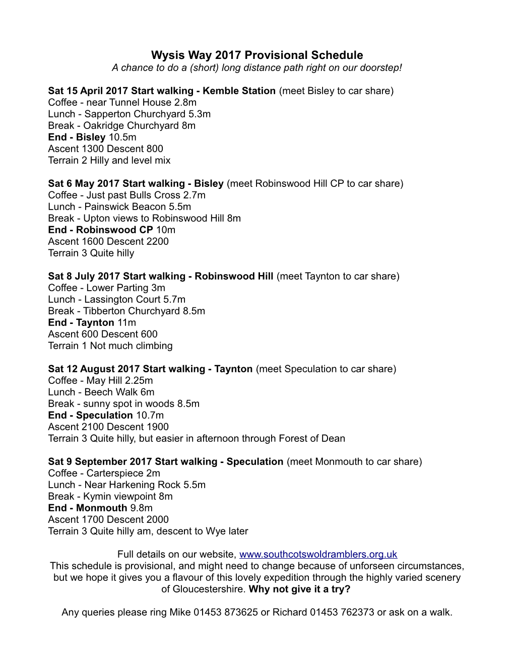 Wysis Way 2017 Provisional Schedule a Chance to Do a (Short) Long Distance Path Right on Our Doorstep!