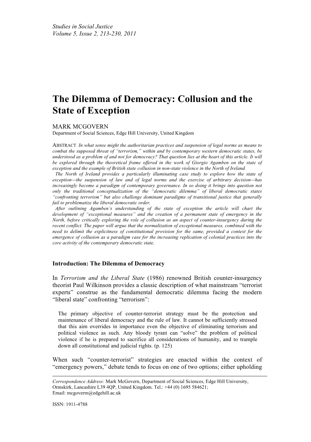 The Dilemma of Democracy: Collusion and the State of Exception