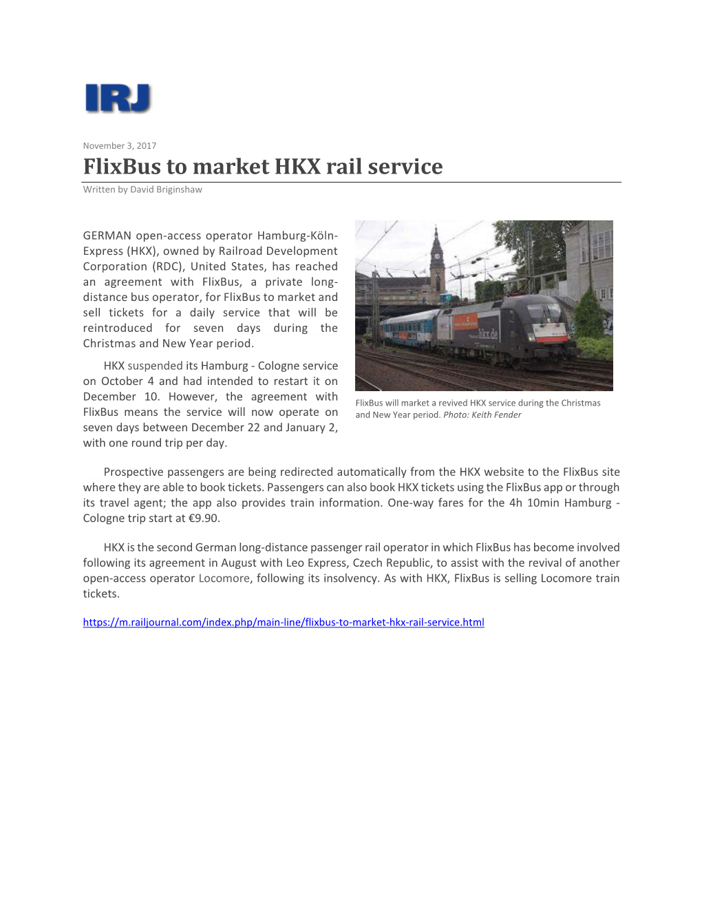 Flixbus to Market HKX Rail Service Written by David Briginshaw