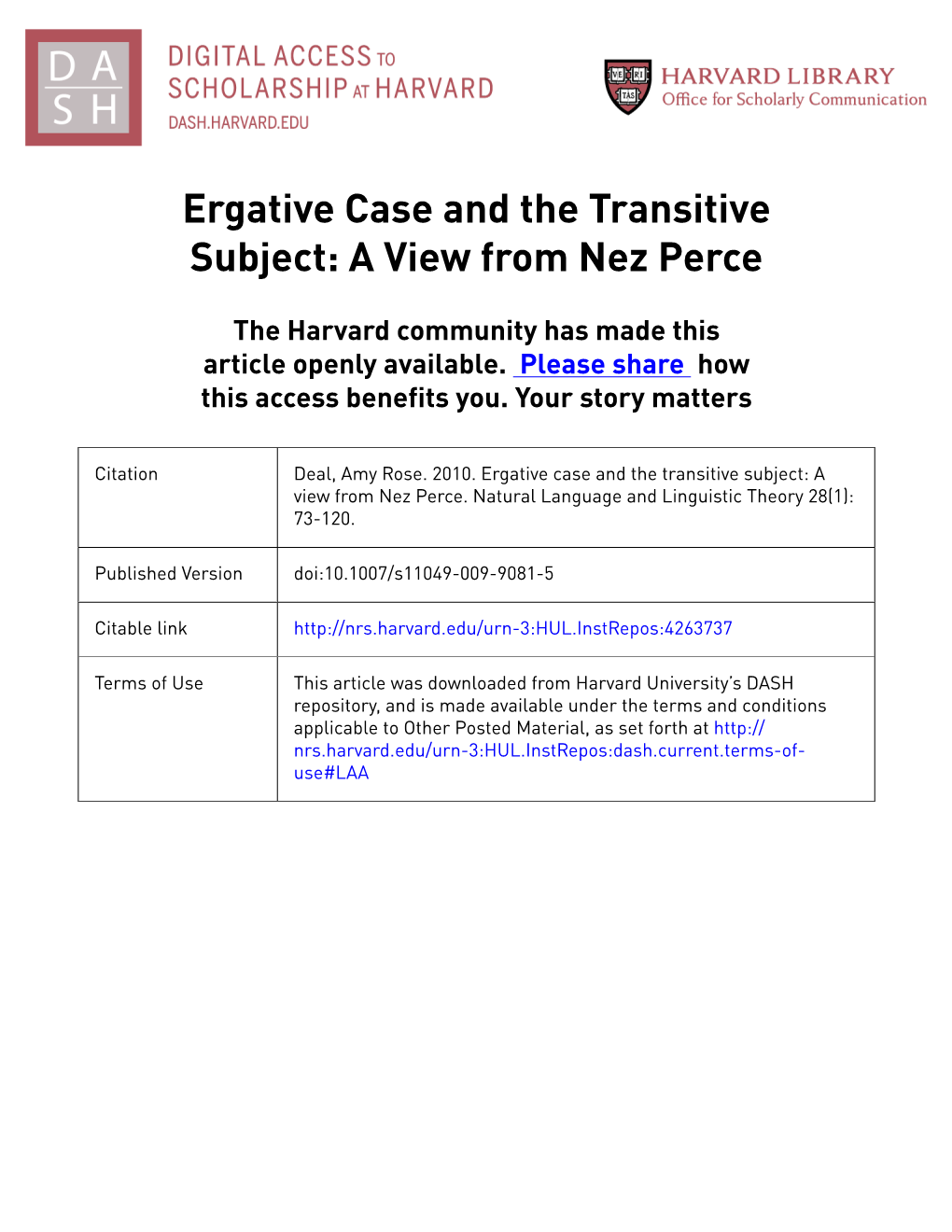 Ergative Case and the Transitive Subject: a View from Nez Perce