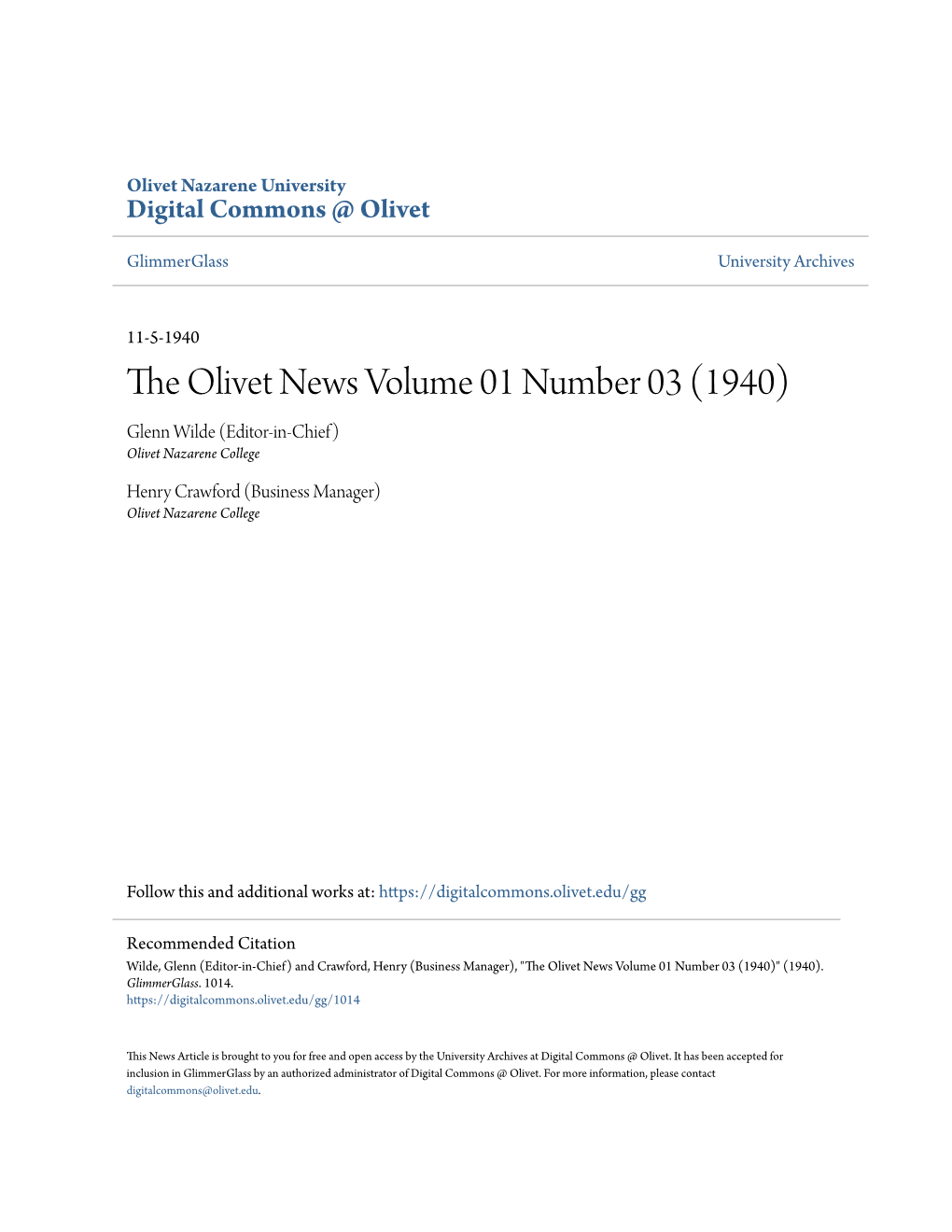The Olivet News Volume 01 Number 03 (1940) Glenn Wilde (Editor-In-Chief) Olivet Nazarene College