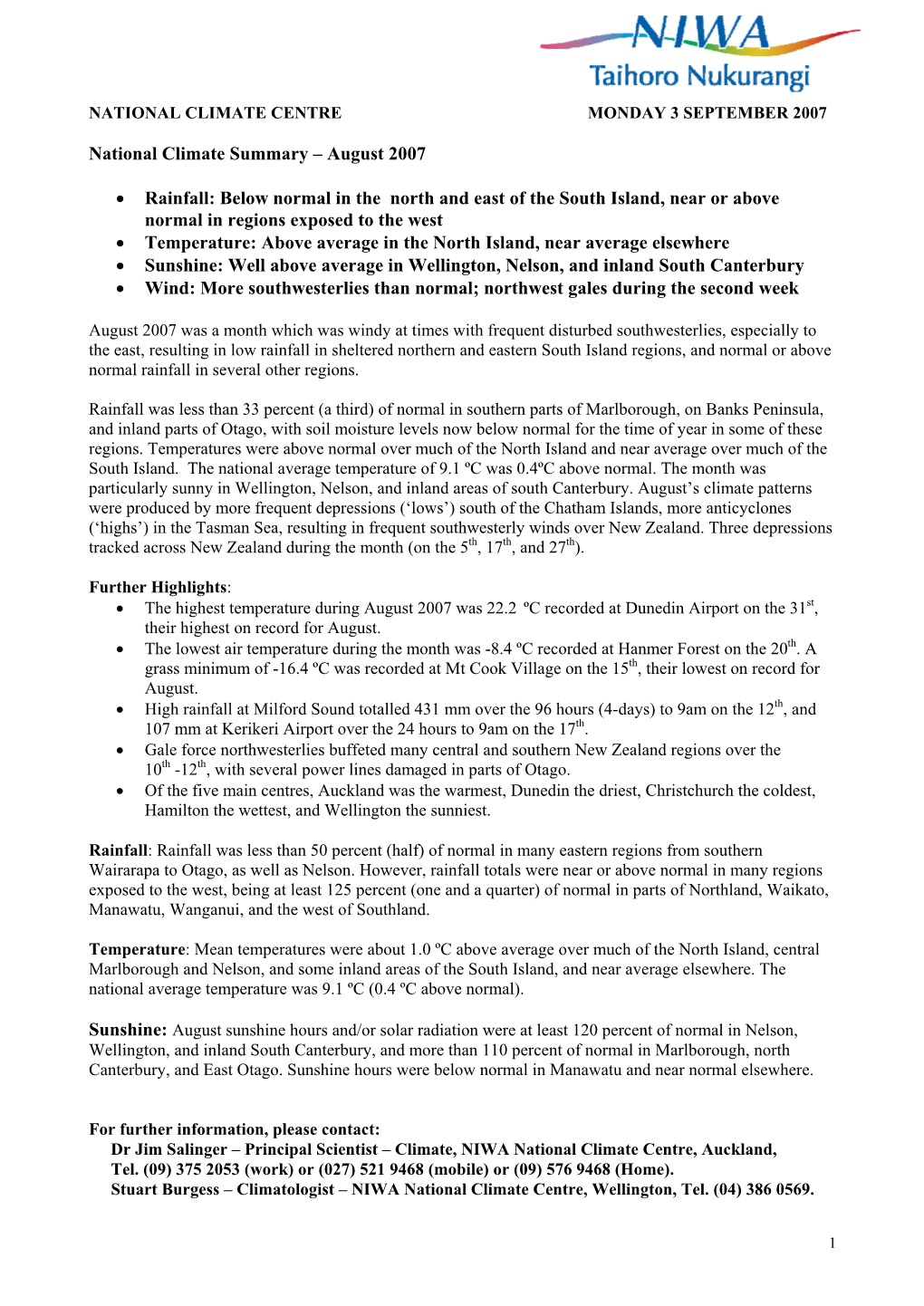 August 2007 Climate Summary