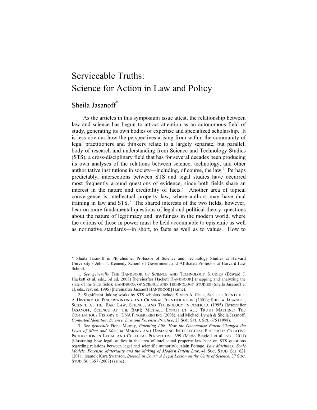 Serviceable Truths: Science for Action in Law and Policy