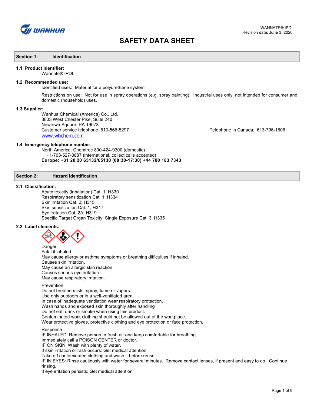 WANNATE® IPDI Revision Date: June 3, 2020 SAFETY DATA SHEET