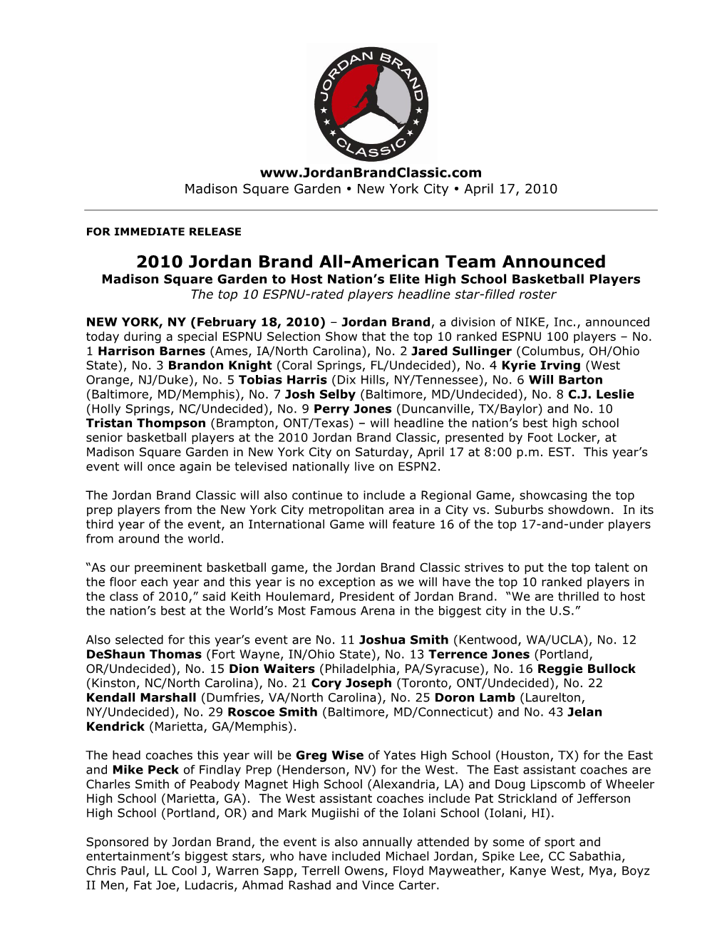2010 Jordan Brand All-American Team Announced