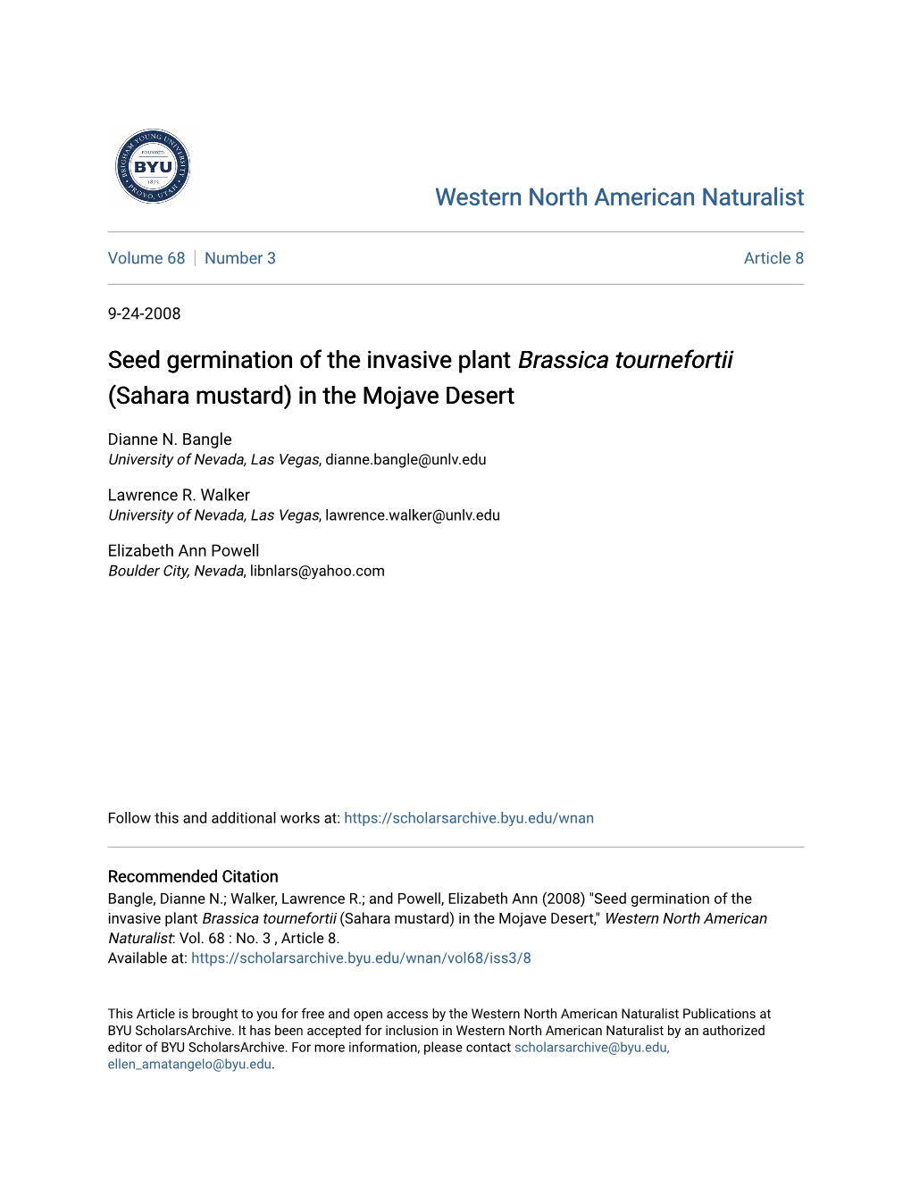 Seed Germination of the Invasive Plant Brassica Tournefortii (Sahara Mustard) in the Mojave Desert